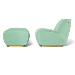 Retro Sculptural Armchair and Ottoman in Velvet with Brushed Brass Base