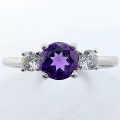 Customizable Round Amethyst & Diamond Trilogy Promise Ring in 14K/18K Solid Gold
