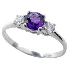 Customizable Round Amethyst & Diamond Trilogy Promise Ring in 14K/18K Solid Gold