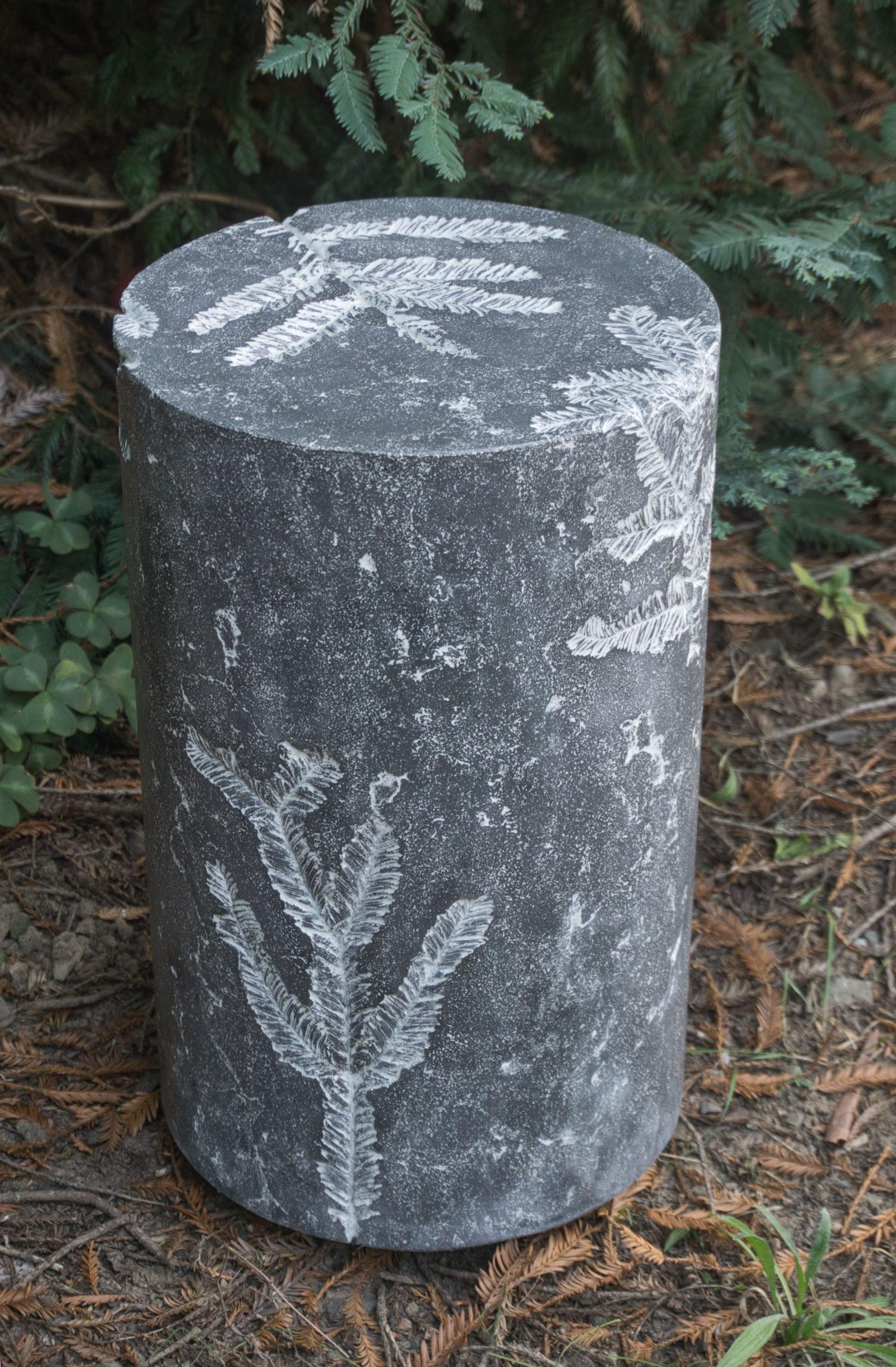 These highly customizable lightweight concrete side or coffee tables or stools with leaf impressions from real leaves can make a natural addition to nearly any room or outdoor environment. The fossil-like leaf imprints soften the brutalist material