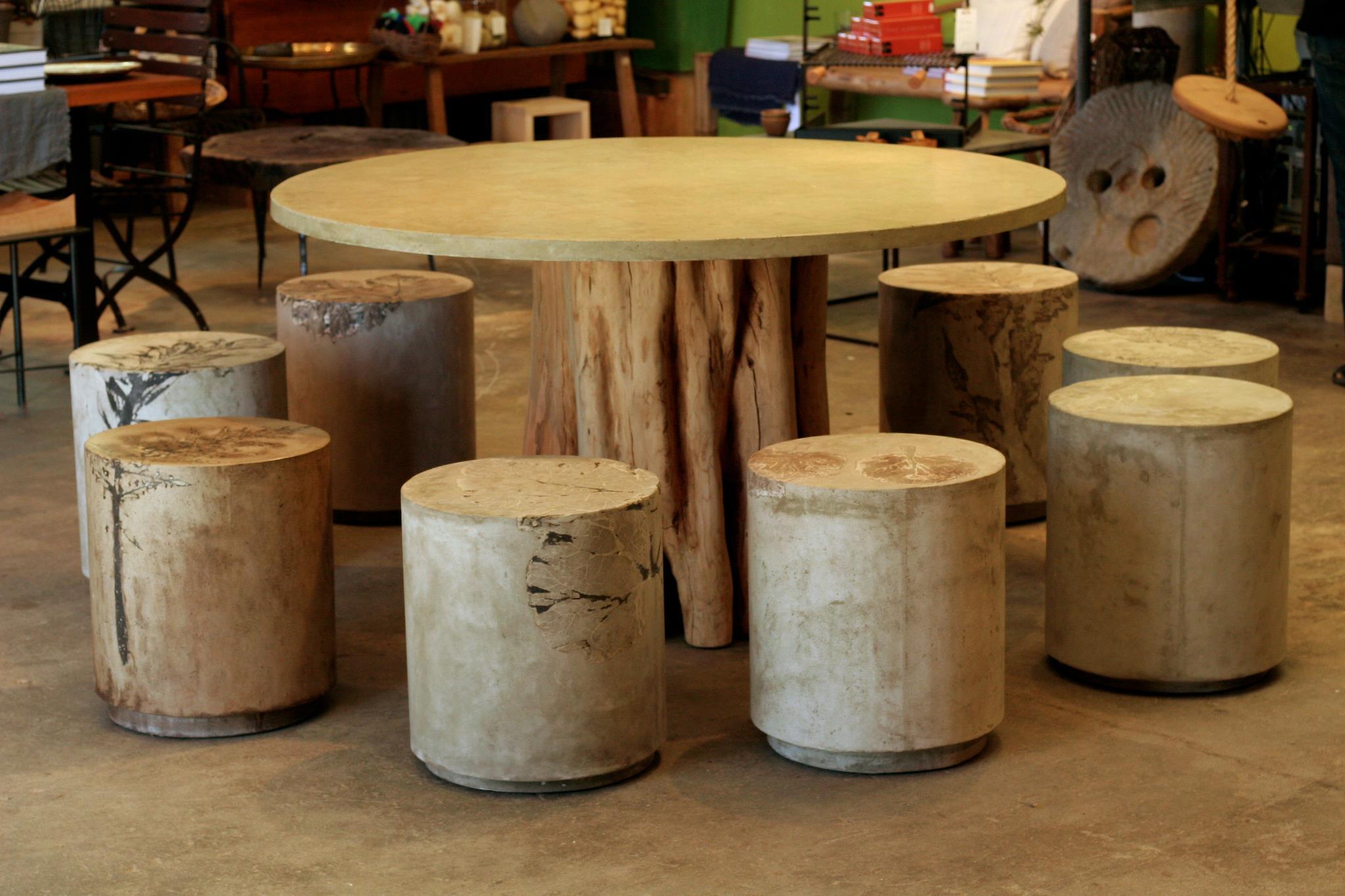 American Customizable Round Concrete Stools & Side Tables with Leaf Impressions, 'Pliny' For Sale