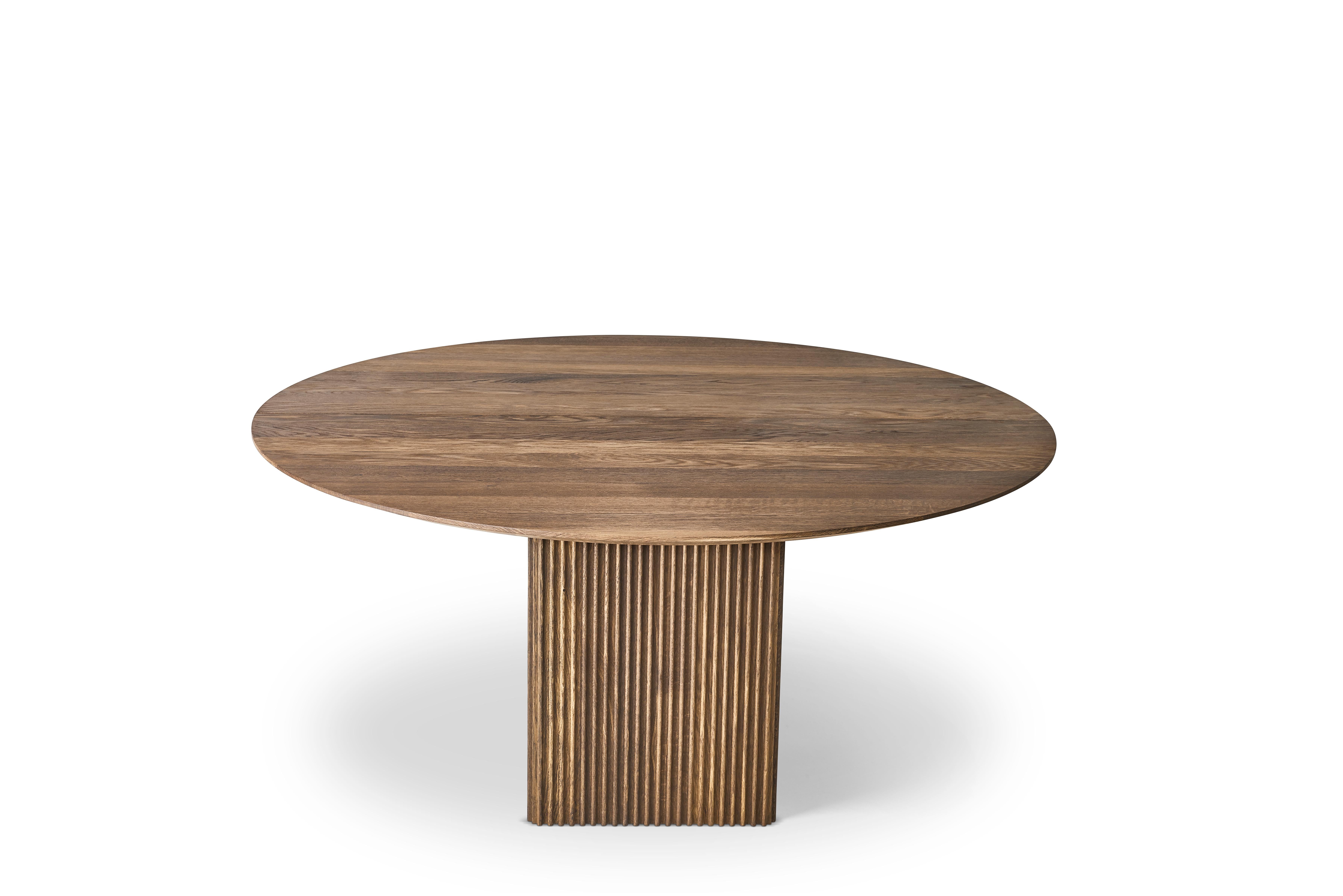 TEN Round Table 120 by DK3 
Solid wood tabletop and legs

Table height: 72 or 74 cm
Base dimension (depending on the tabletop size):
– 42 x 42 cm
– 47 x 47 cm

Tabletop diameter: 120 cm
Tabletop thickness: 3 cm

Wood :
– Oak
– Smoked
