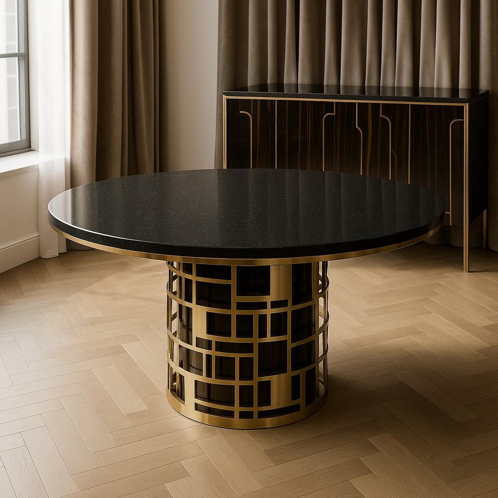 This sophisticated dining table is a masterful blend of natural beauty and refined details. The expansive top and the inside of the base are crafted from natural ebony wood, which is finished with a brilliant high gloss lacquer. This creates a deep,