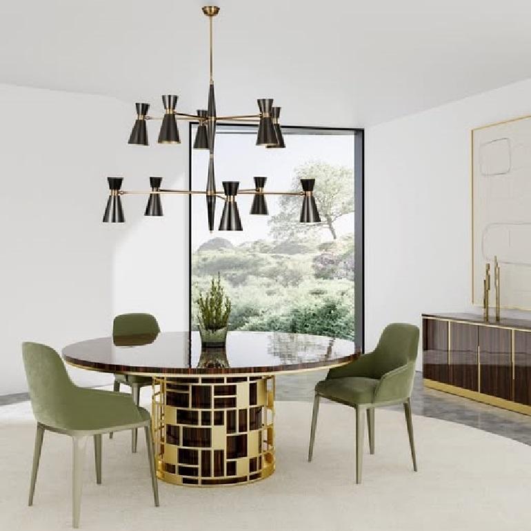 Modern Customizable Round Dining Table with an Ebony Top & Brushed Brass Detailing For Sale