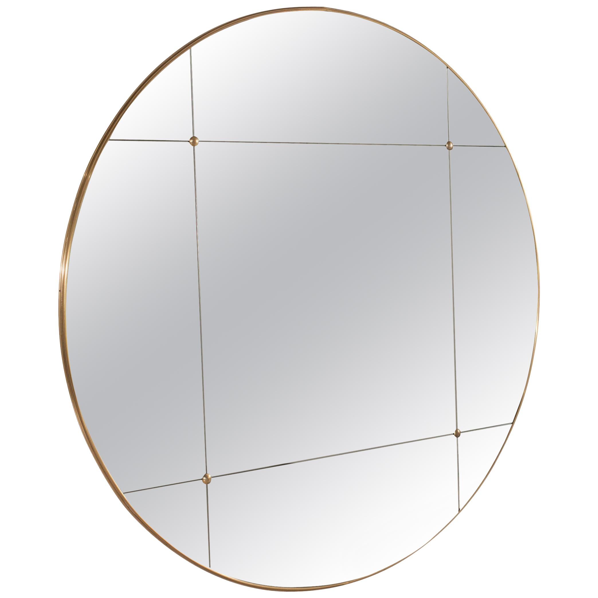Customizable Rounded Brass Frame Window Pane Look Mirror Art Deco Style