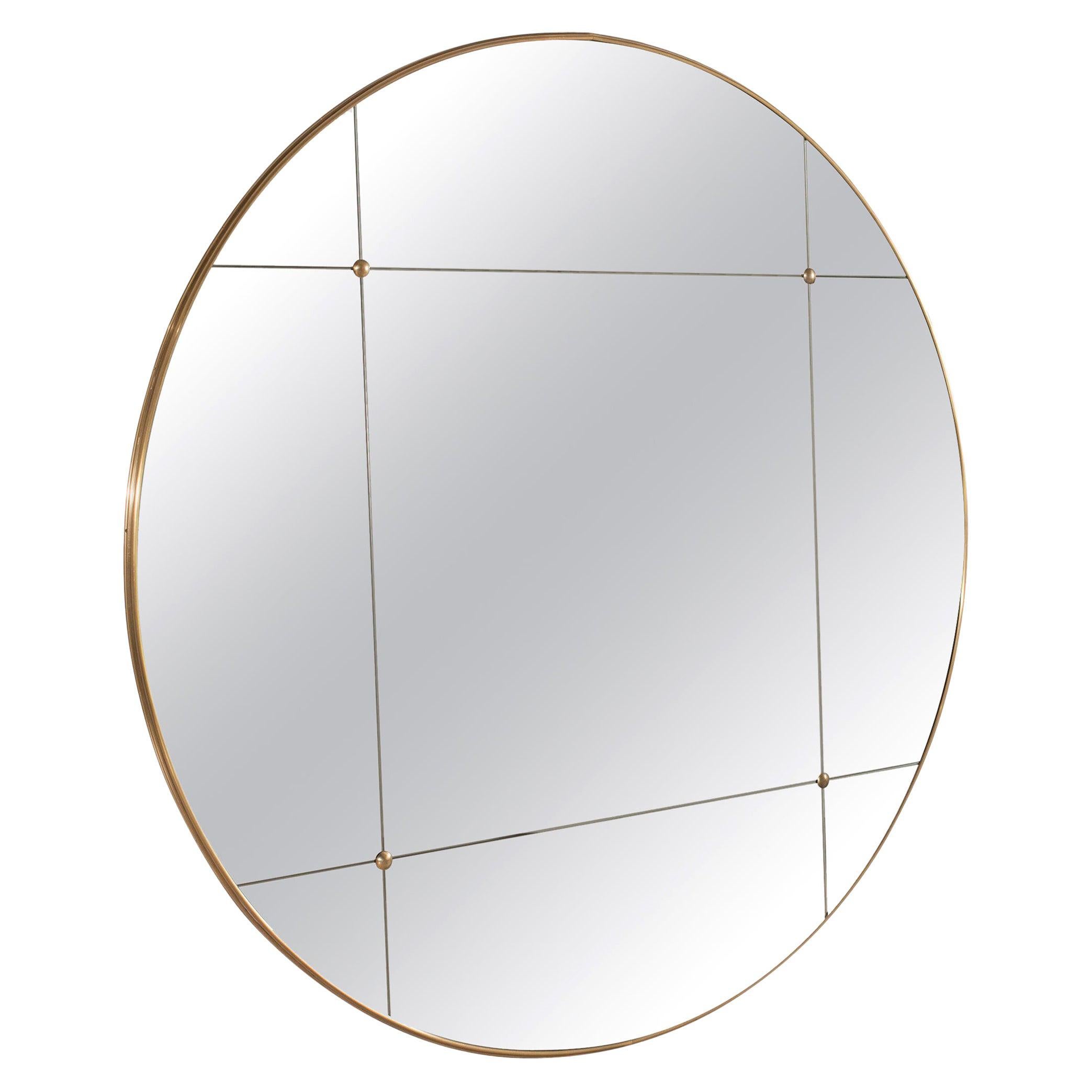 Customizable Rounded Brass Frame Window Pane Look Mirror Art Deco Style