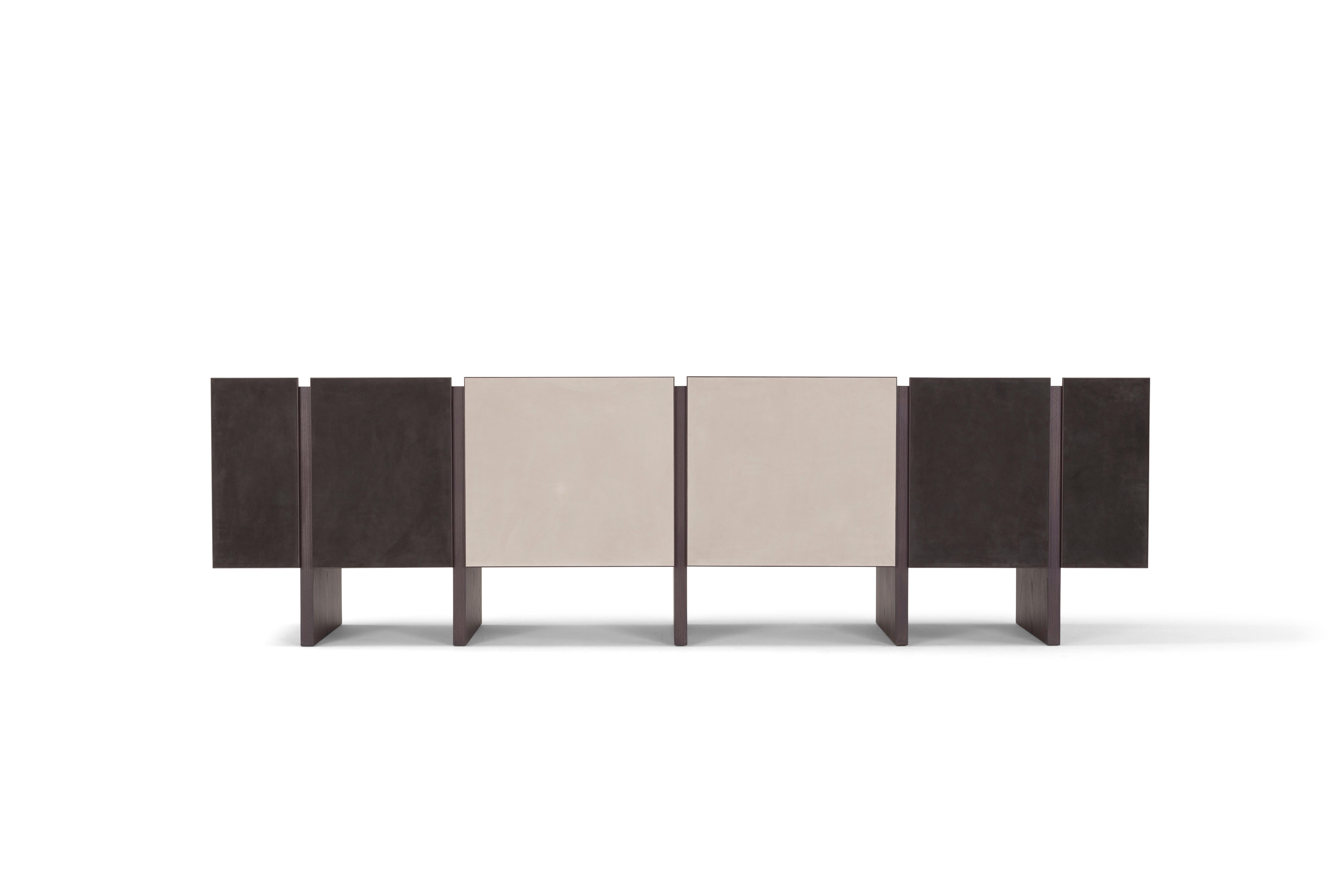 Organique Buffet personnalisable 'Sistema Parere' M04, frêne teinté Brown et cuir en vente