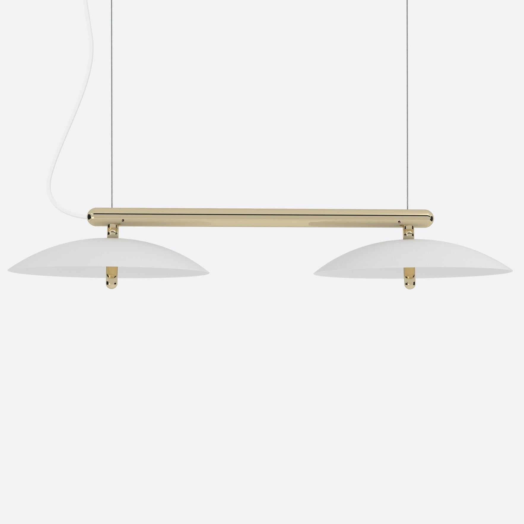 Price is for a signal linear pendant with white shade and brass accents. This piece is customizable so we can also make the finishes per order to your spec. 

Lamping: G8 LED Bulbs (included)
Canopy: White, 5in Diameter, .25in height
4x G8 LED bulbs