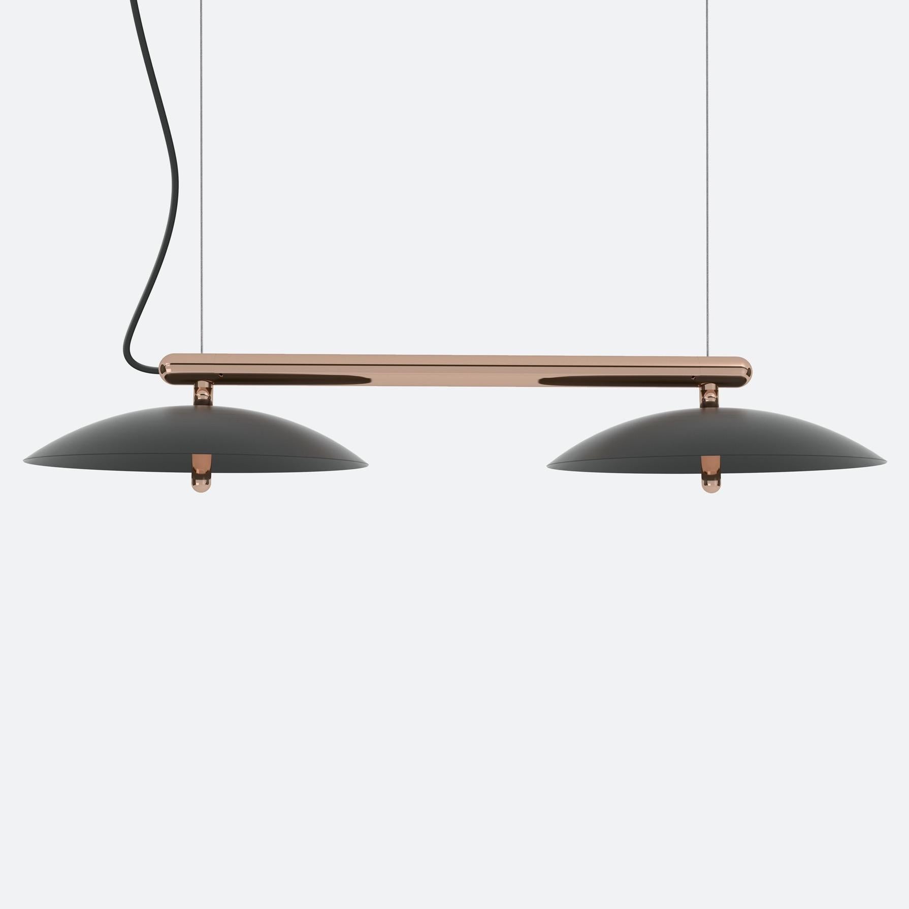 Price is for a signal linear pendant with black shades and copper accents. This piece is customizable so we can also make the finishes per order to your spec. 

Lamping: G8 LED Bulbs (included)
Canopy: Black, 5in Diameter, .25in height
4x G8 LED