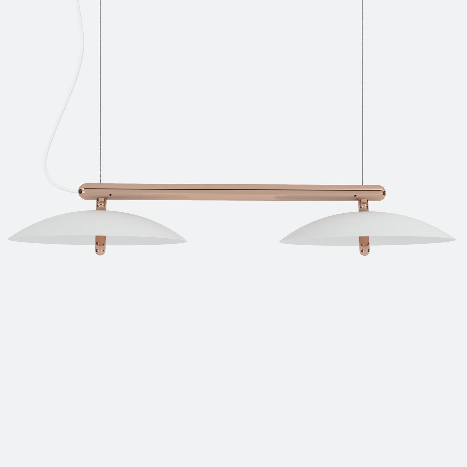 Price is for a signal linear pendant with white shade and copper accents. This piece is customizable so we can also make the finishes per order to your spec. 

Lamping: G8 LED Bulbs (included)
Canopy: White, 5in Diameter, .25in height
4x G8 LED