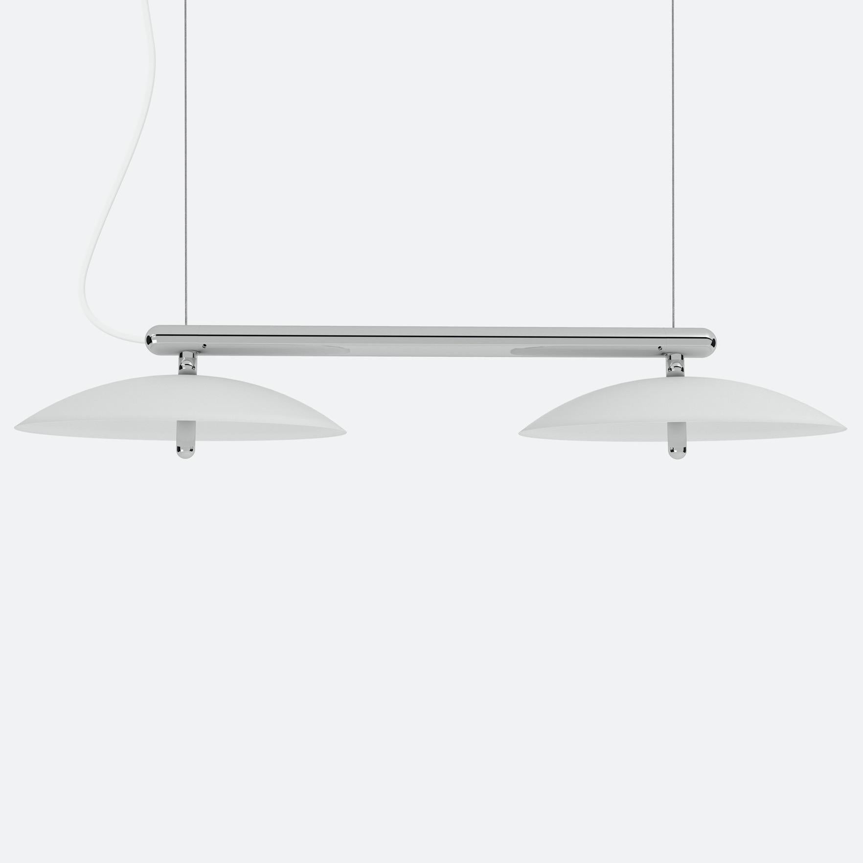 Price is for a signal linear pendant with white shades and nickel accents. This piece is customizable so we can also make the finishes per order to your spec. 

Lamping: G8 LED Bulbs (included)
Canopy: White, 5in Diameter, .25in height
4x G8 LED