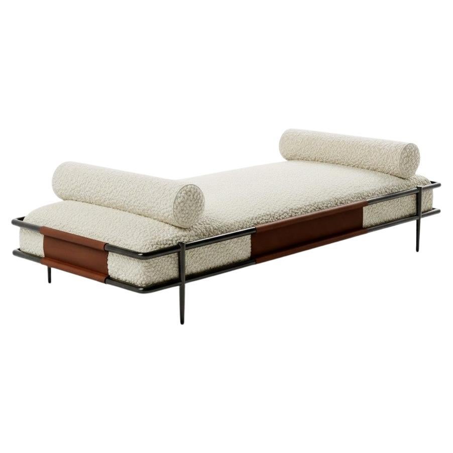 Minimalist Sleek Daybed In Metal Frame w/ Tobacco Leather Accents-Mondo Design