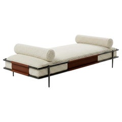 Minimalist Sleek Daybed In Metal Frame w/ Tobacco Leather Accents-Mondo Design