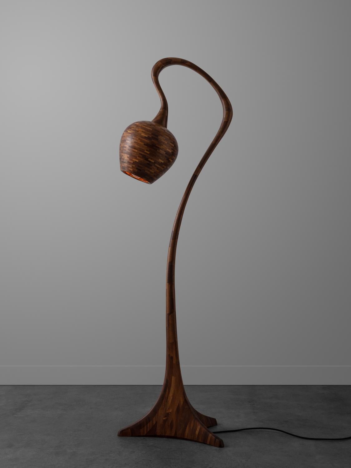 Wooden STACKED Floor Lamp No.2,  shown in salvaged Mahogany, Customizable In New Condition For Sale In Brooklyn, NY