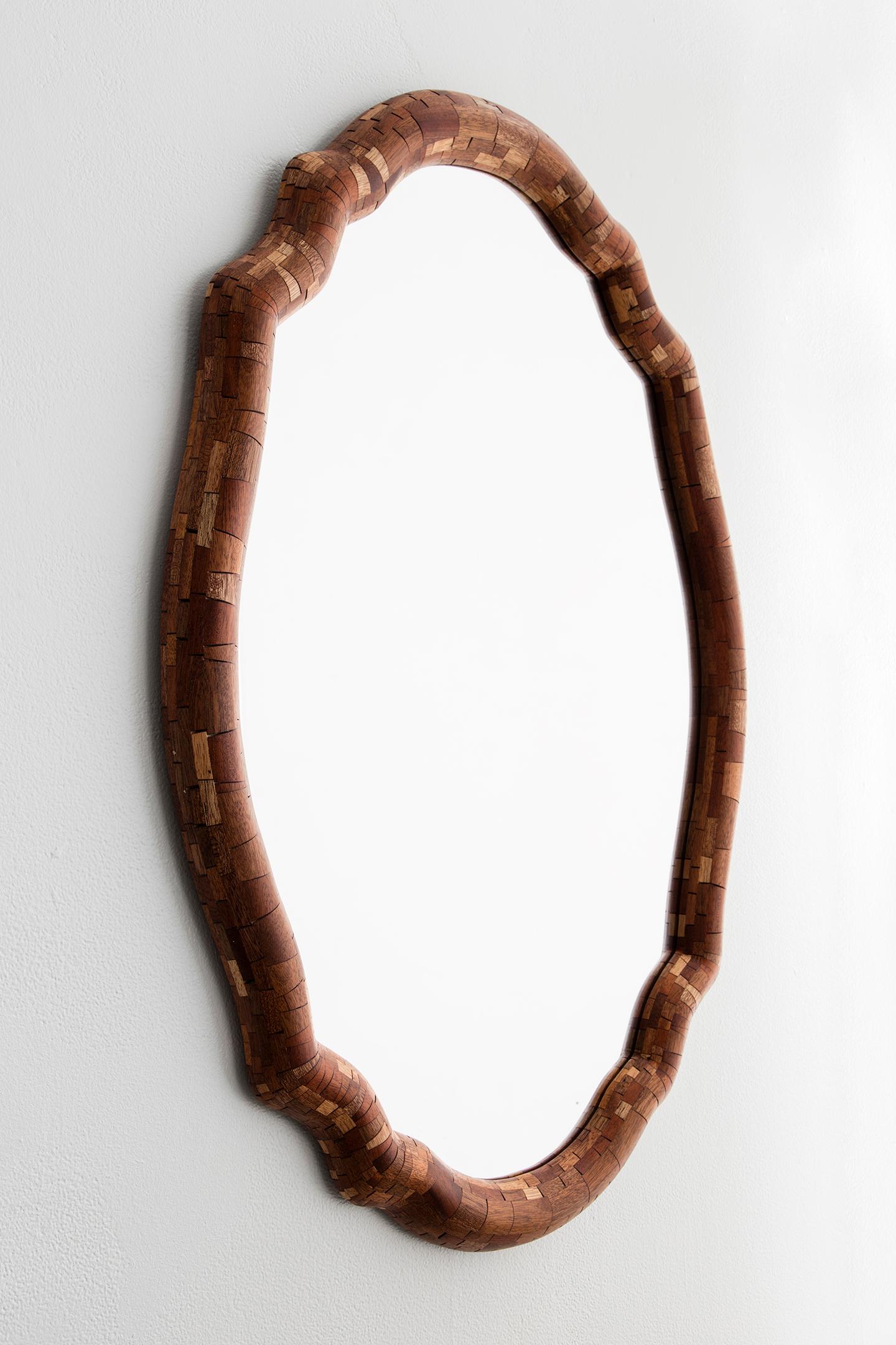 Modern Customizable, STACKED Scalloped Mirror, Salvaged Mahogany with Half Dome Profile For Sale