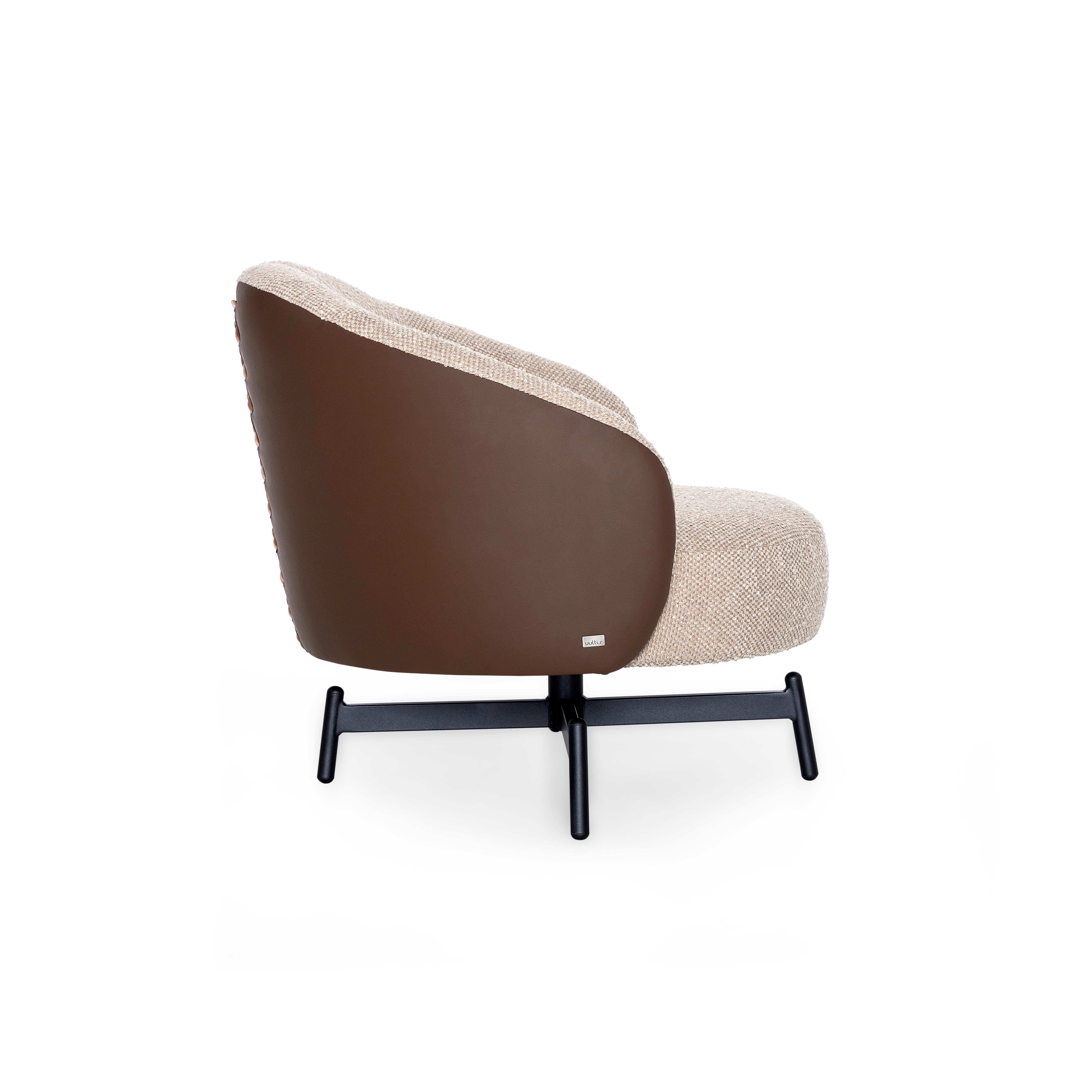 Brazilian Customizable Swivel Chair with Beige Bouclé and Brown Faux Leather, Mule Series For Sale