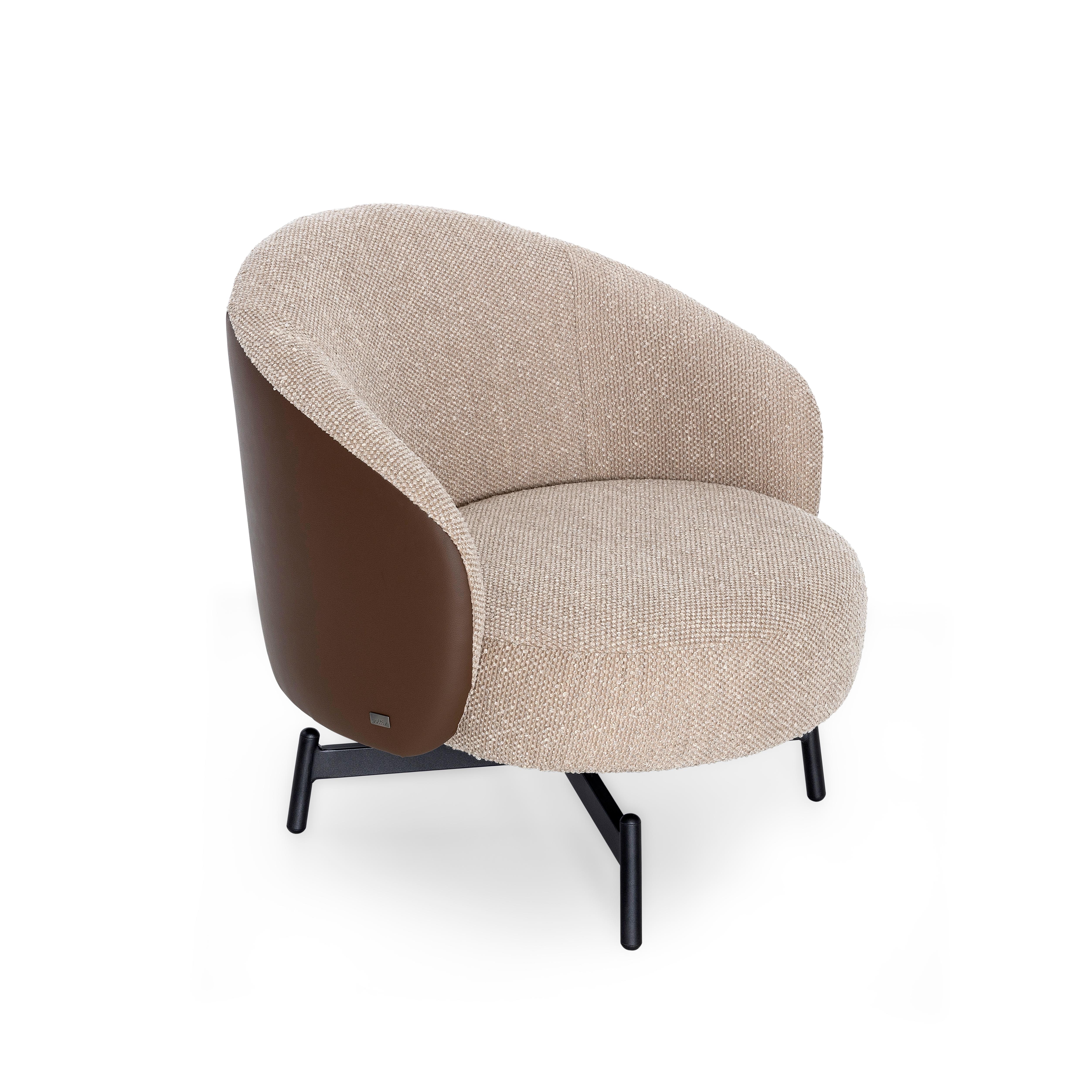 Lacquered Customizable Swivel Chair with Beige Bouclé and Brown Faux Leather, Mule Series For Sale