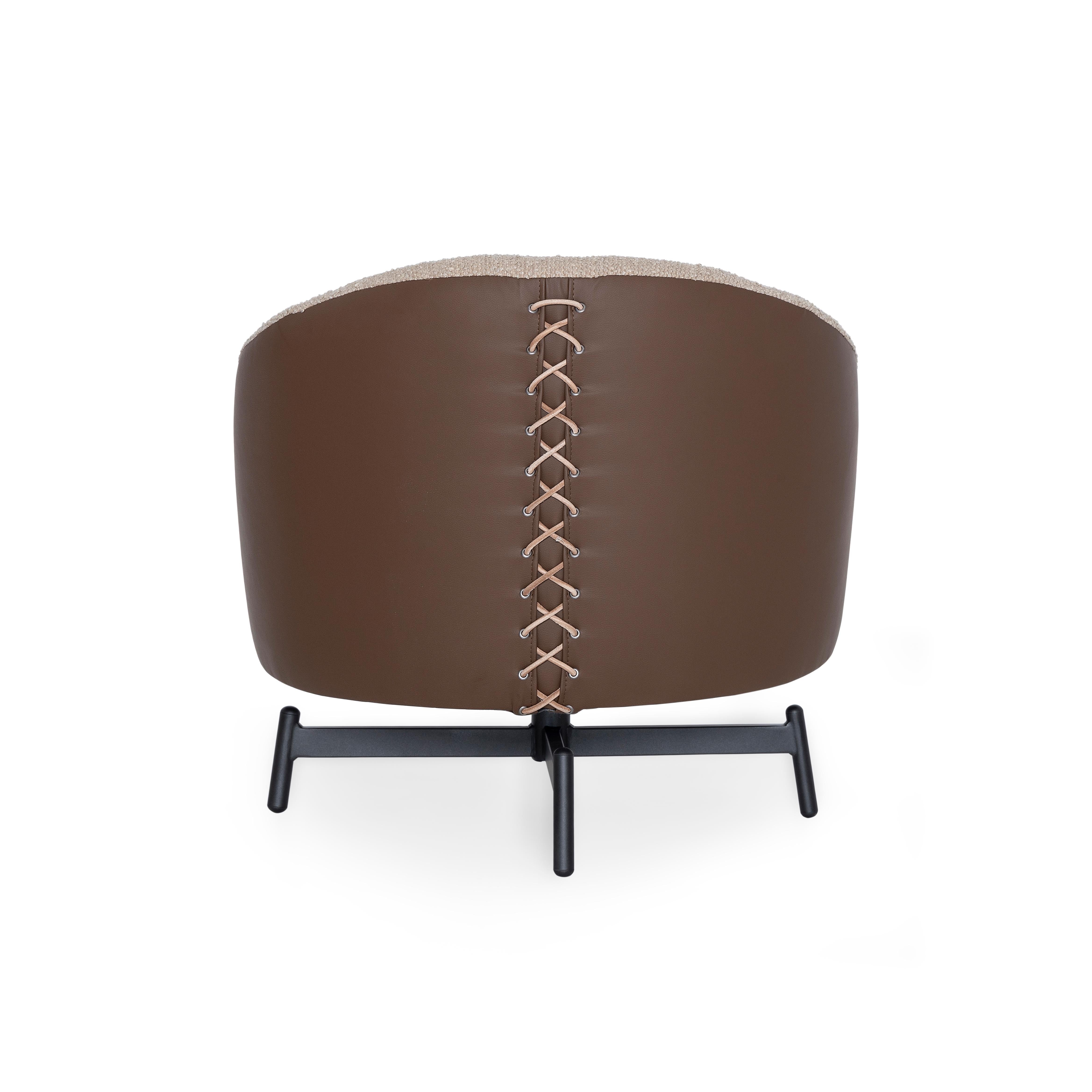 Contemporary Customizable Swivel Chair with Beige Bouclé and Brown Faux Leather, Mule Series For Sale