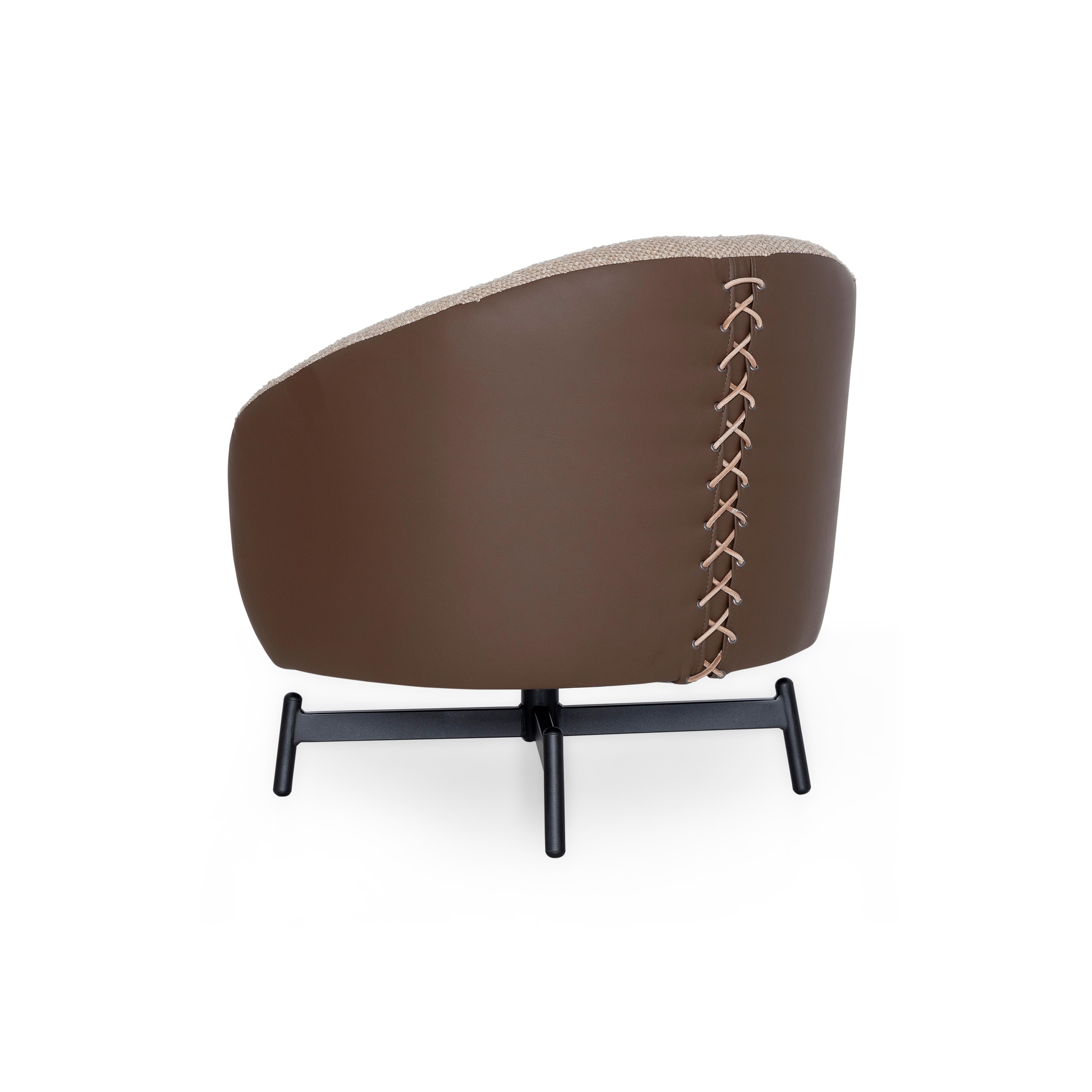 Metal Customizable Swivel Chair with Beige Bouclé and Brown Faux Leather, Mule Series For Sale