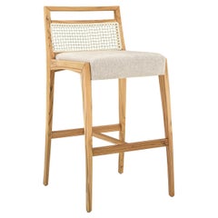 Sgabello da banco in teak personalizzabile con schienale a canne e rivestimento beige - Linea Sotto