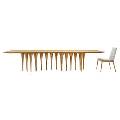 Customizable Teak Veneer 98-Inch Top Dining Table with 12-Leg Design, Pin Model