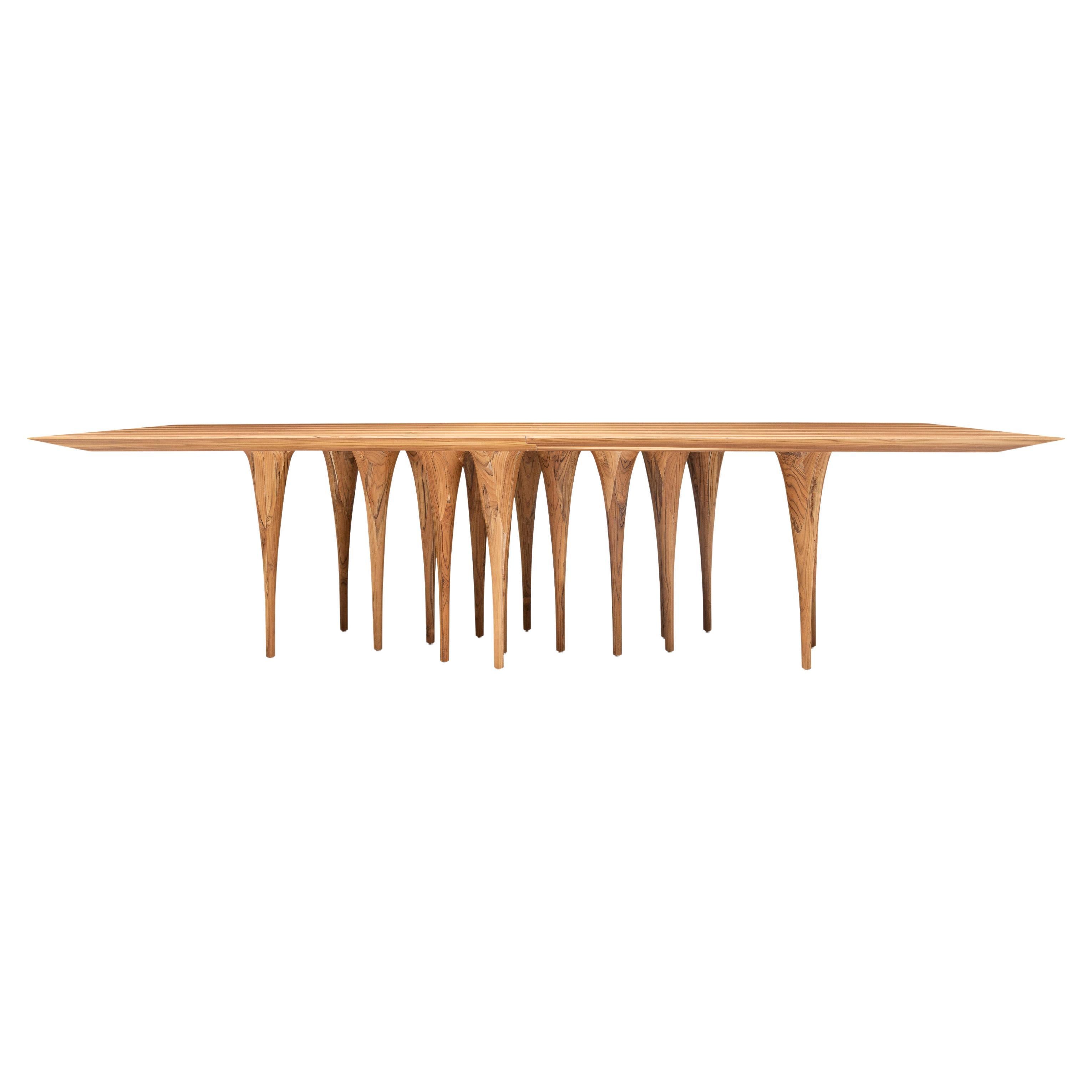 Moderno Tavolo da pranzo personalizzabile con piano in impiallacciatura di teak da 98 pollici e design a 12 gambe, modello a spillo in vendita