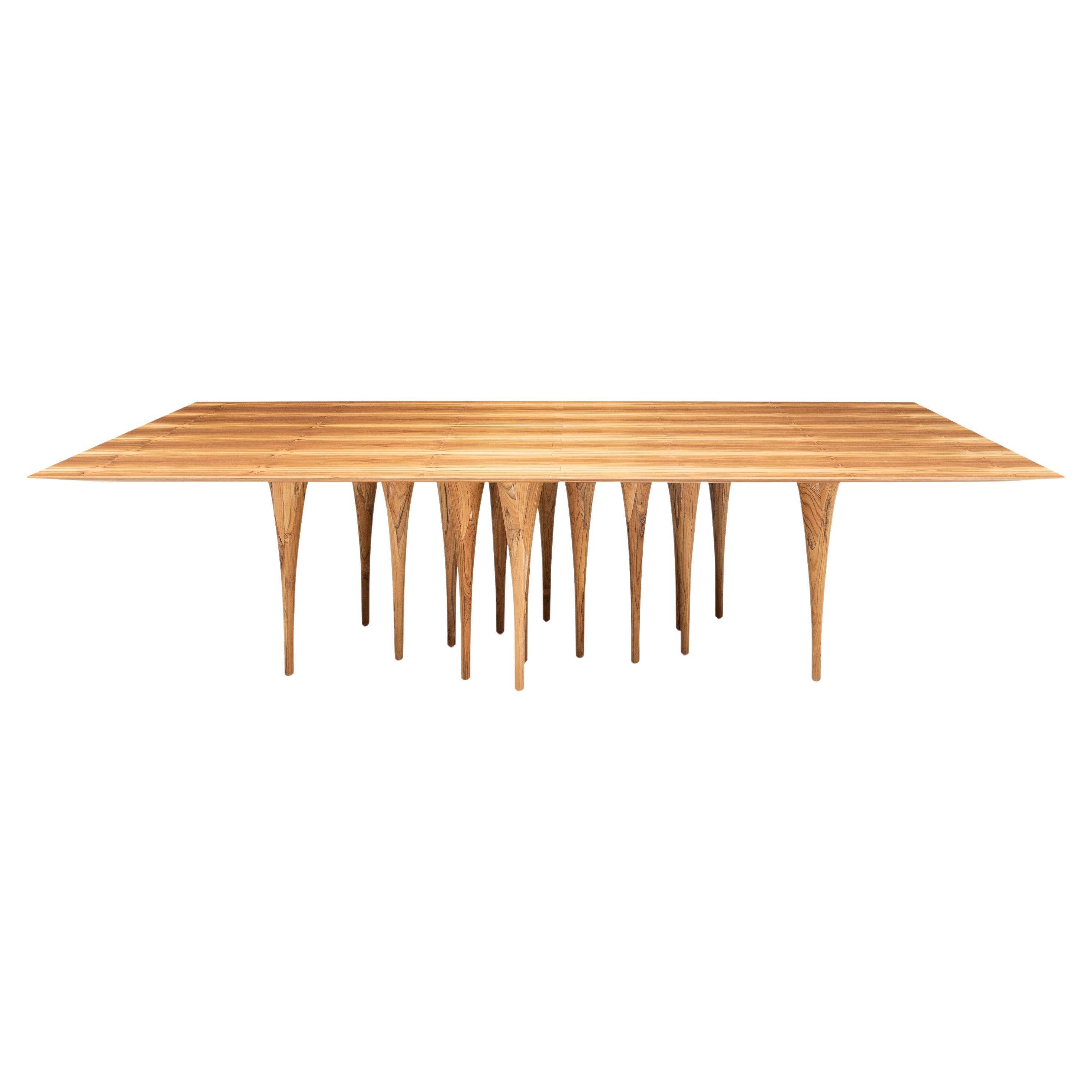 Tavolo da pranzo personalizzabile con piano in impiallacciatura di teak da 98 pollici e design a 12 gambe, modello a spillo in vendita