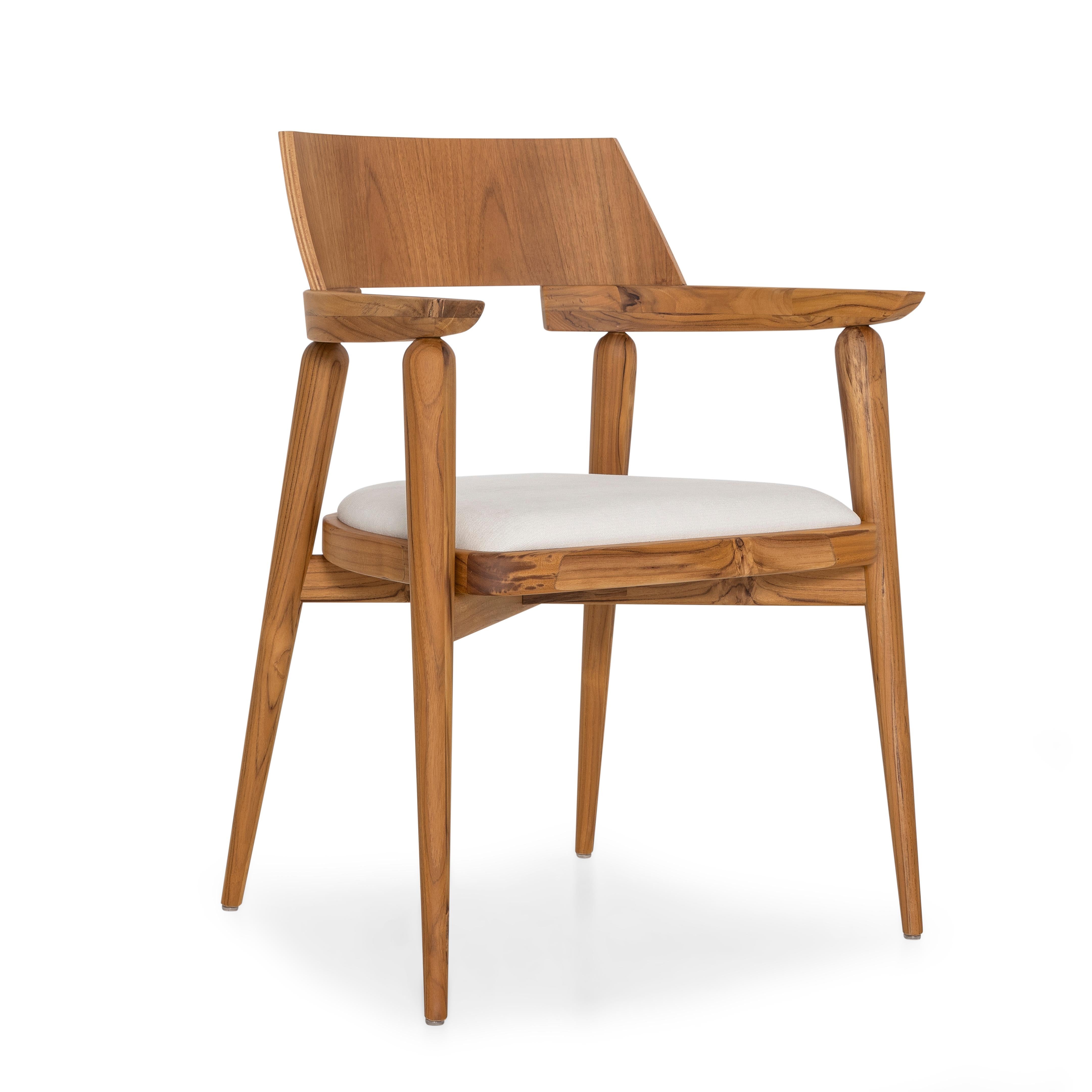 Contemporary Customizable Teak Wood Dining Chair with White Upholstery - Bone Collection For Sale