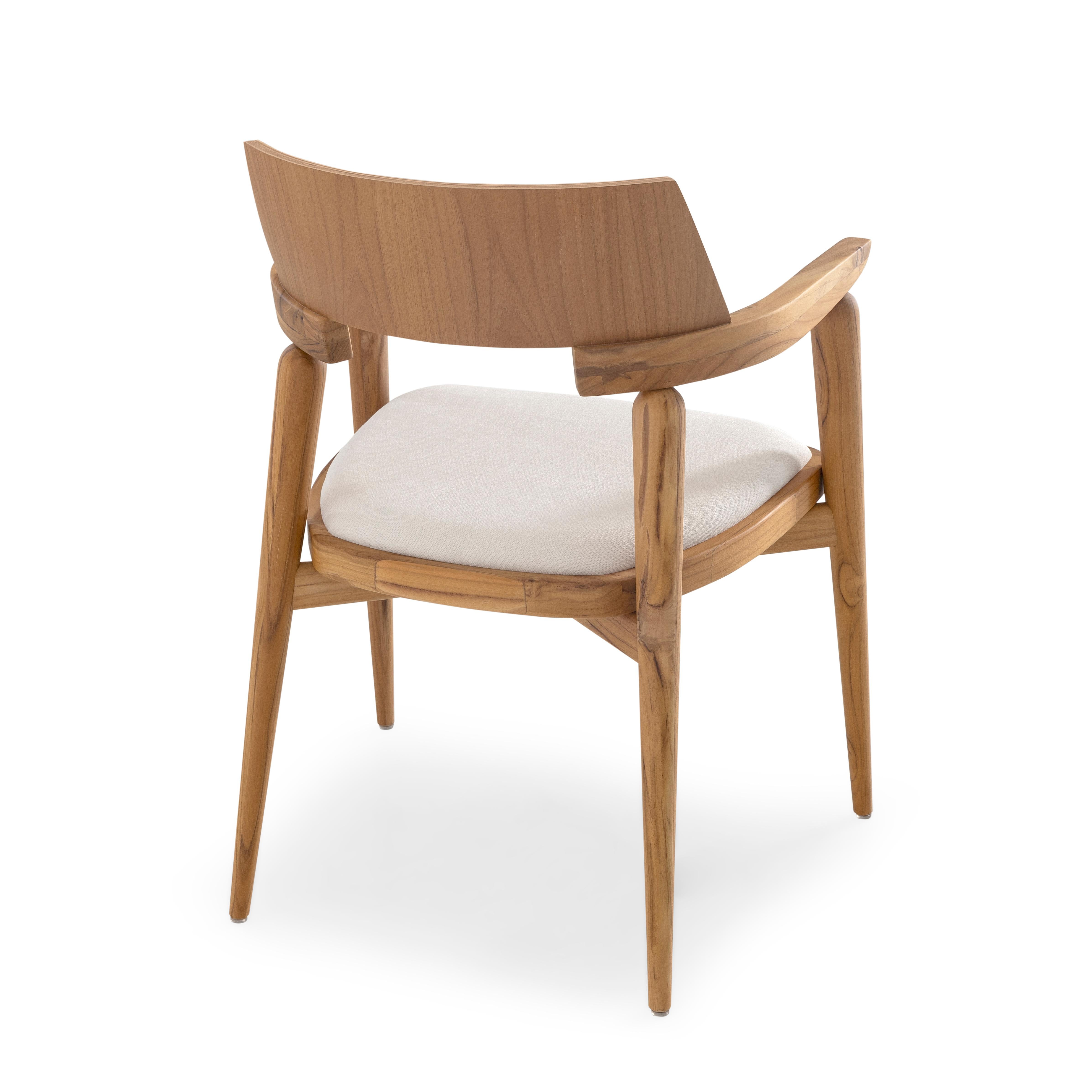 Fabric Customizable Teak Wood Dining Chair with White Upholstery - Bone Collection For Sale