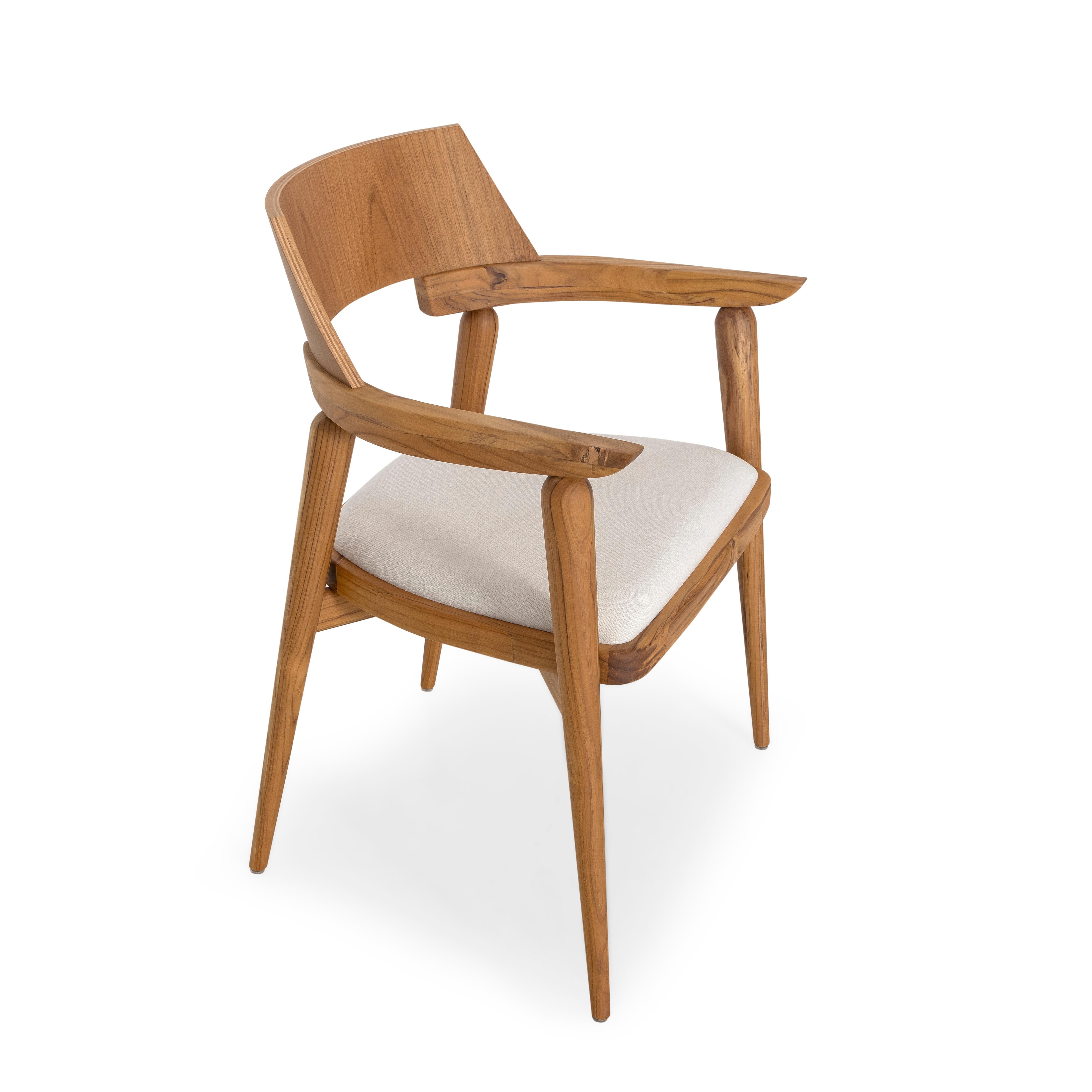 Customizable Teak Wood Dining Chair with White Upholstery - Bone Collection For Sale 1