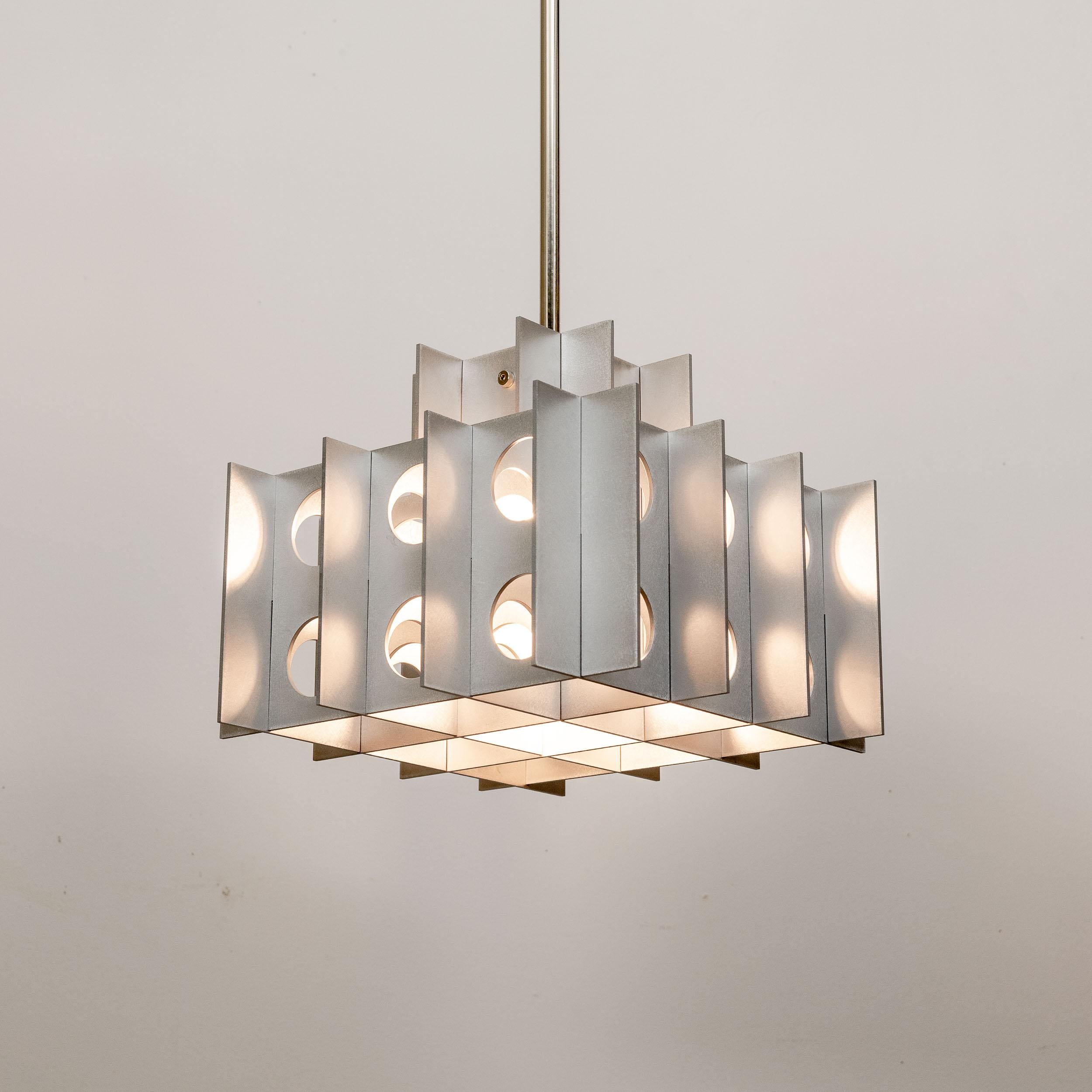 Modern Tenfold Pendant 3TA 12 inch, Waxed Aluminum, Silver, Brutalist Ceiling Lamp, 70s For Sale