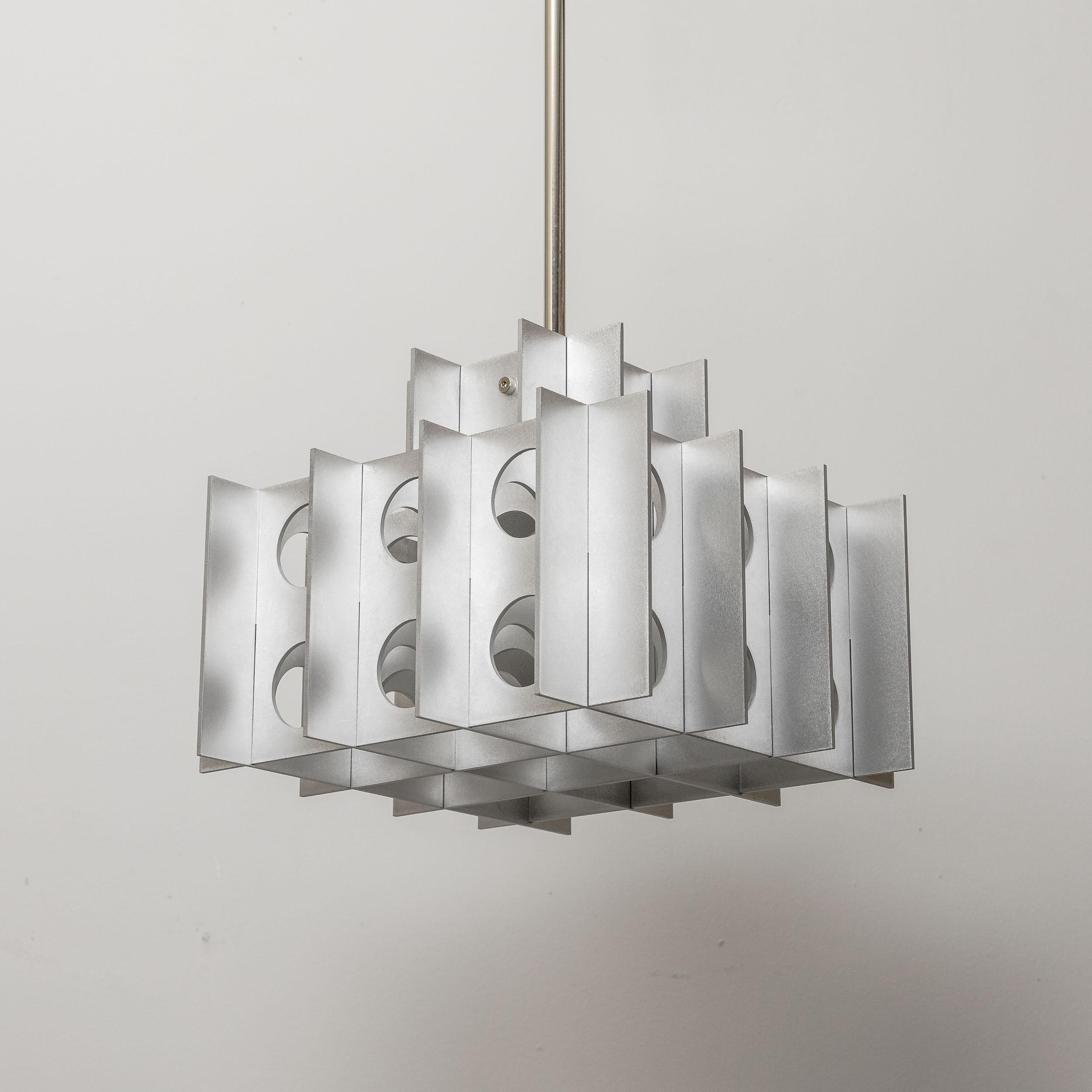 American Tenfold Pendant 3TA 12 inch, Waxed Aluminum, Silver, Brutalist Ceiling Lamp, 70s For Sale