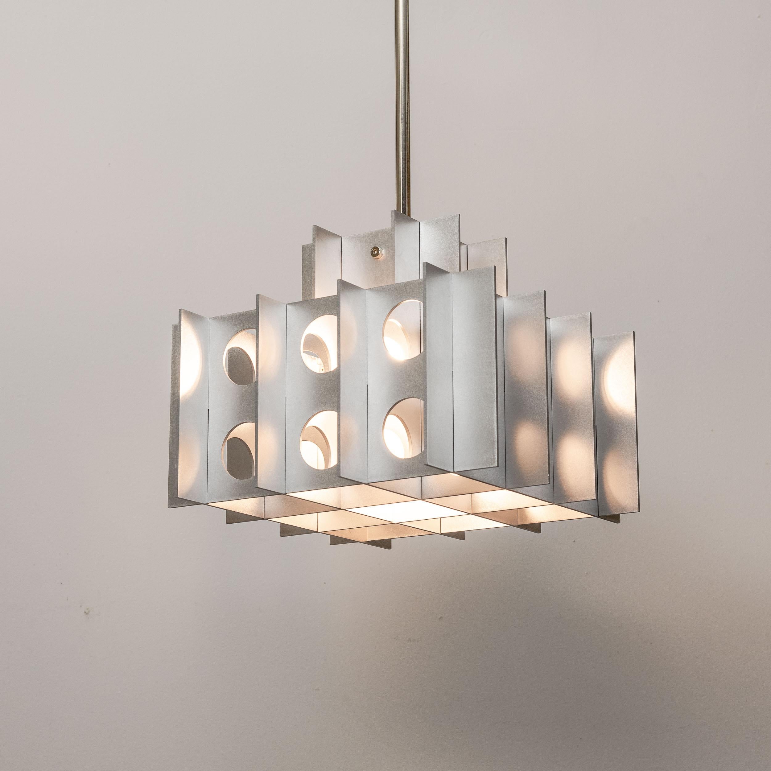 Tenfold Pendant 3TA 12 inch, Waxed Aluminum, Silver, Brutalist Ceiling Lamp, 70s In New Condition For Sale In Brooklyn, NY