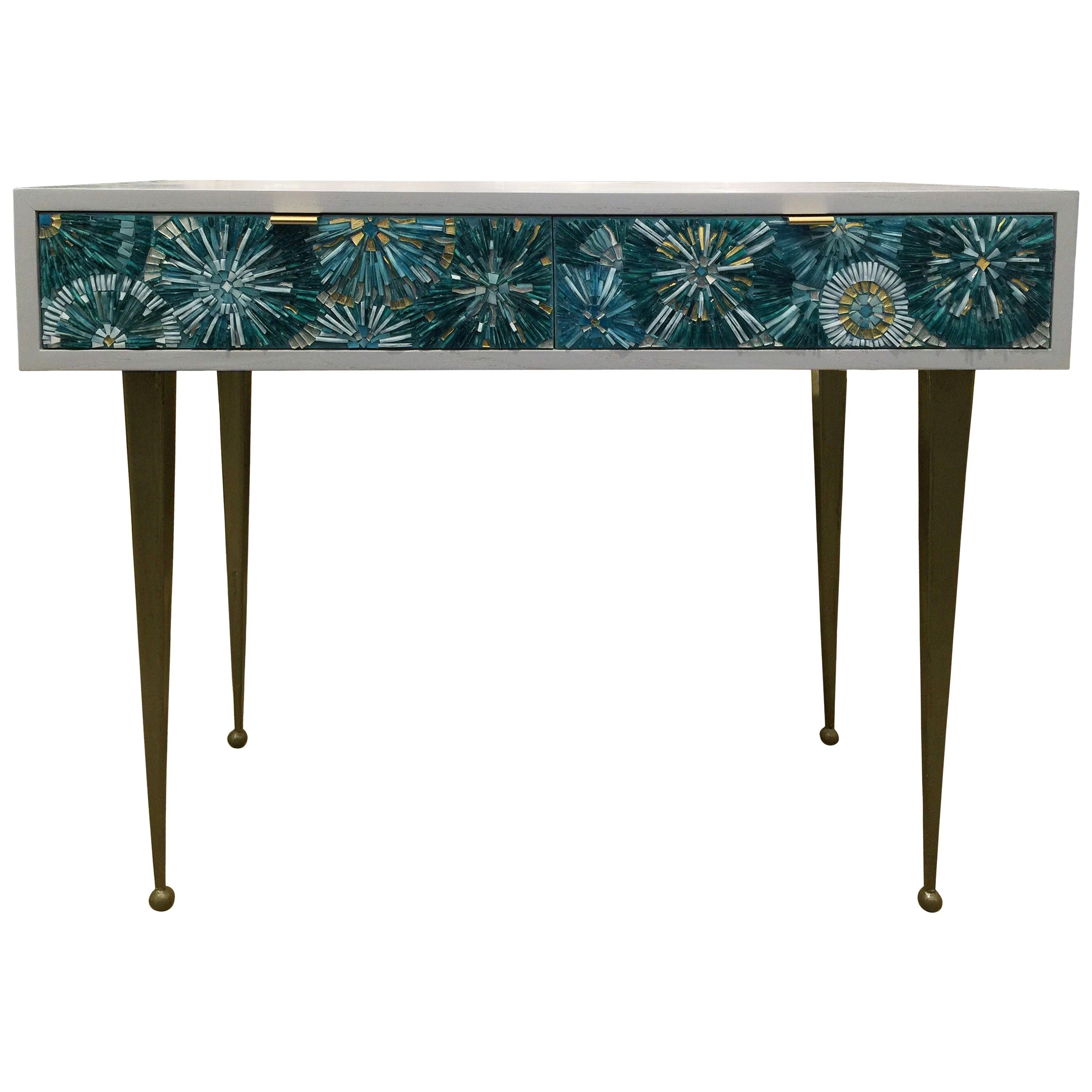 Modern Turquoise Blossom Glass Mosaic Desk with Metal Base by Ercole Home For Sale