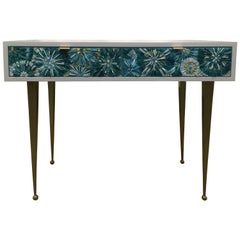 Modern Turquoise Blossom Glass Mosaic Desk with Metal Base by Ercole Home
