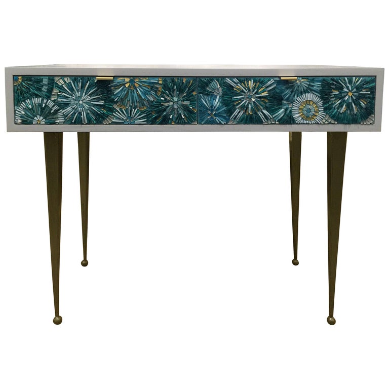 Customizable Turquoise Blossom Glass Mosaic Desk with Metal Base by