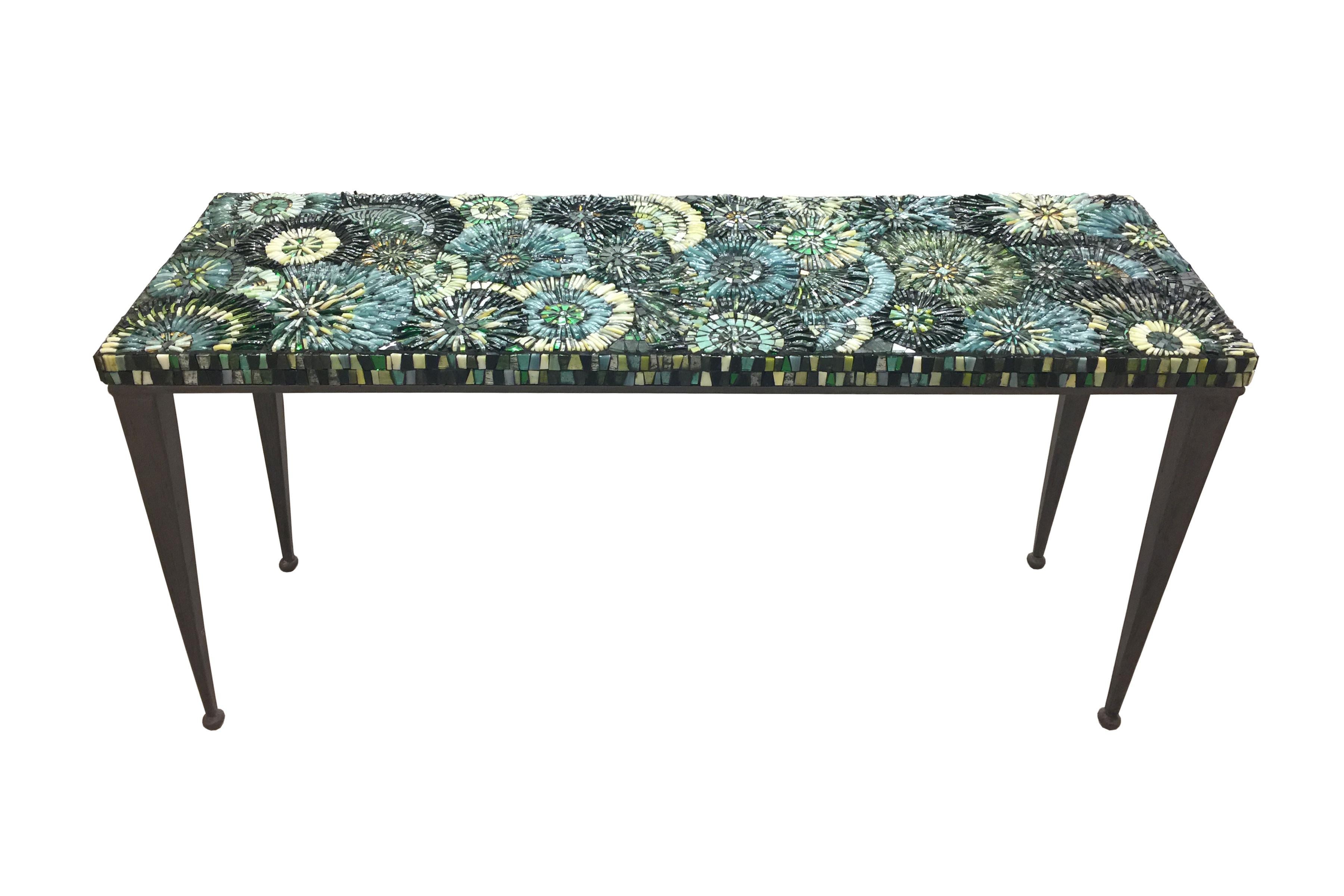 Hand-Crafted Modern Turquoise Pavia Blossom Glass Mosaic Console by Ercole Home For Sale