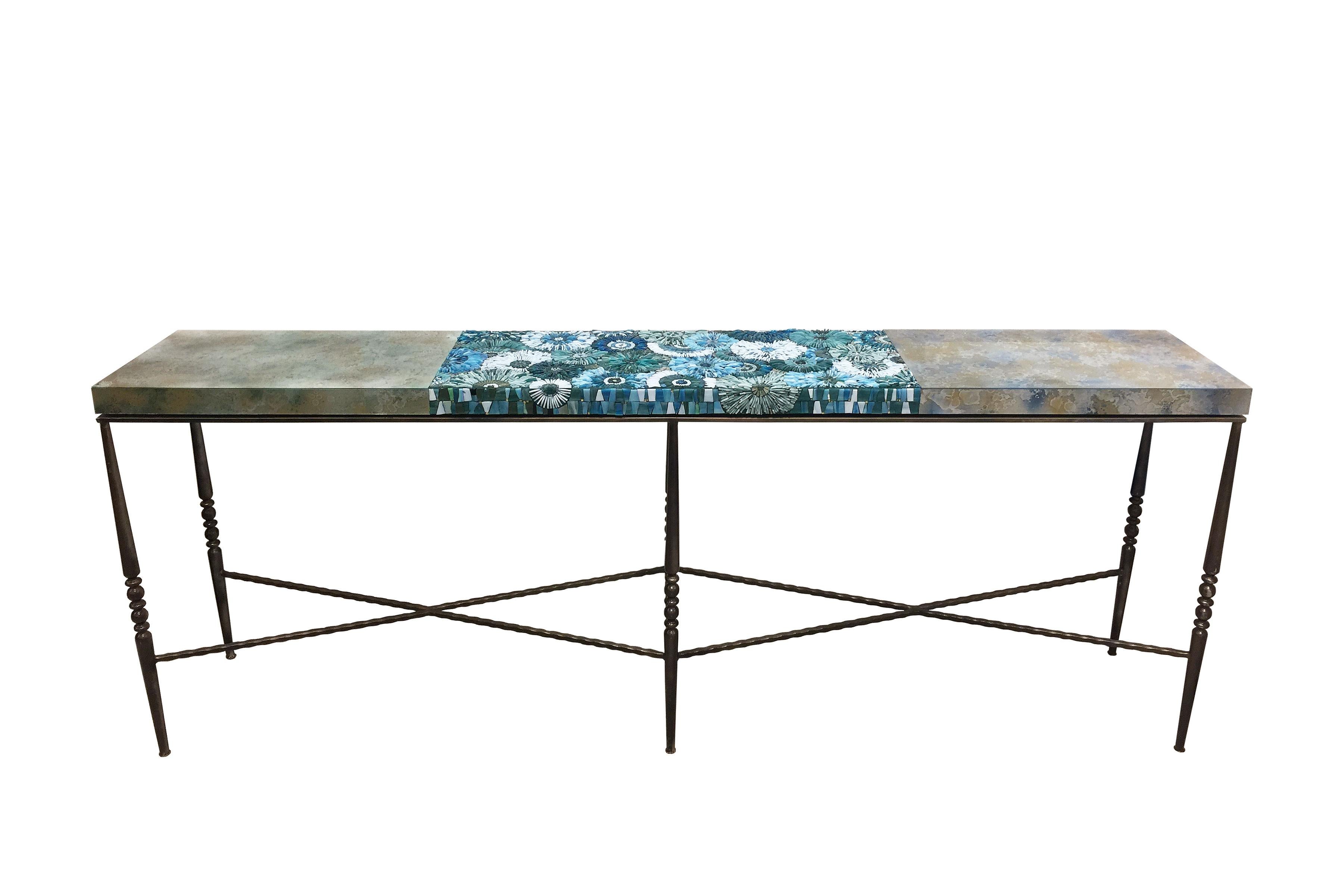 Modern Turquoise Pavia Blossom Glass Mosaic Console by Ercole Home In New Condition For Sale In Brooklyn, NY
