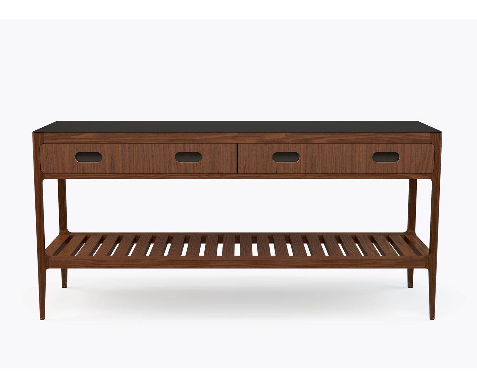 Mid-Century Modern Customizable Two-Drawer Console Table in Walnut and Brass by Munson Furniture For Sale