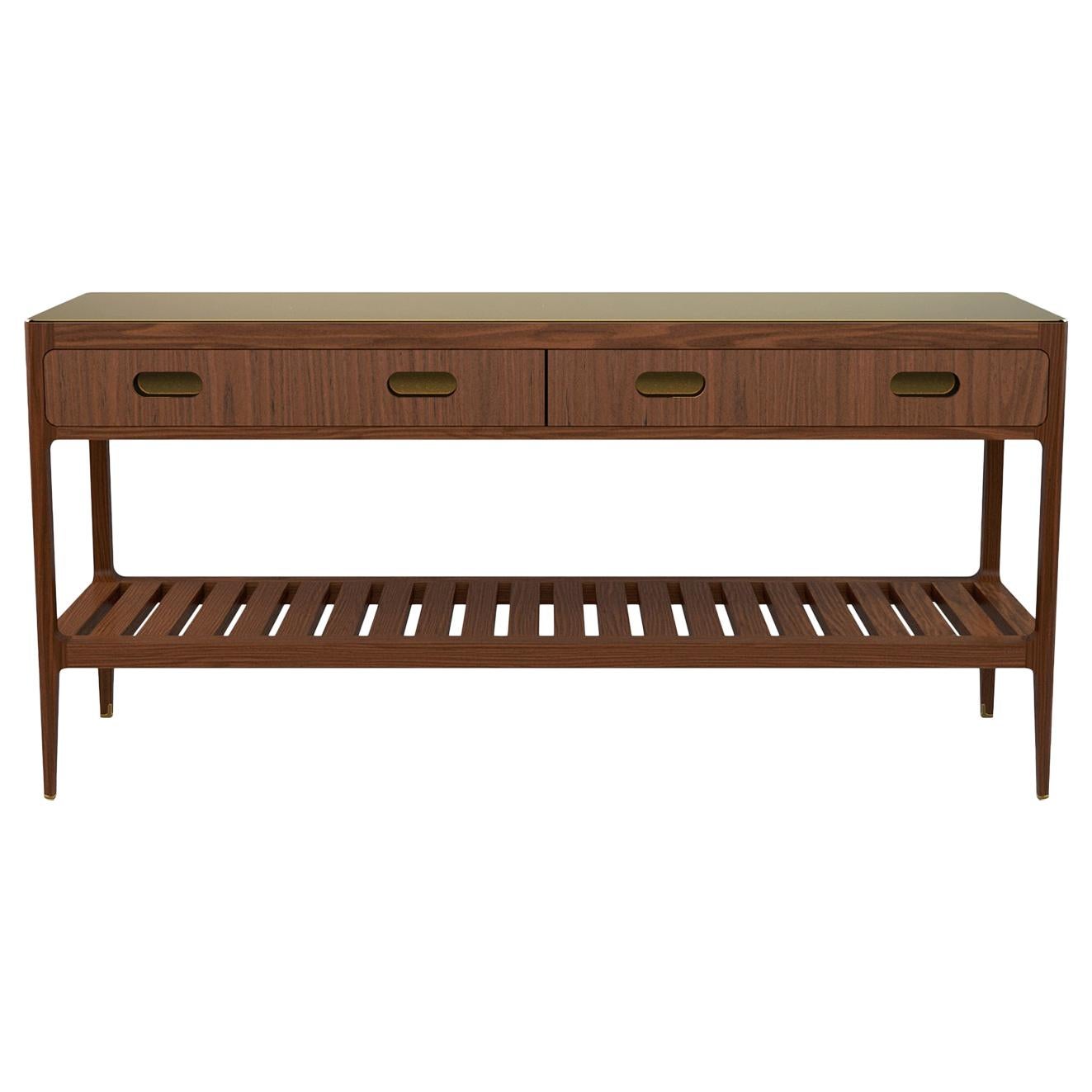 Customizable Two-Drawer Console Table in Walnut and Brass by Munson Furniture For Sale