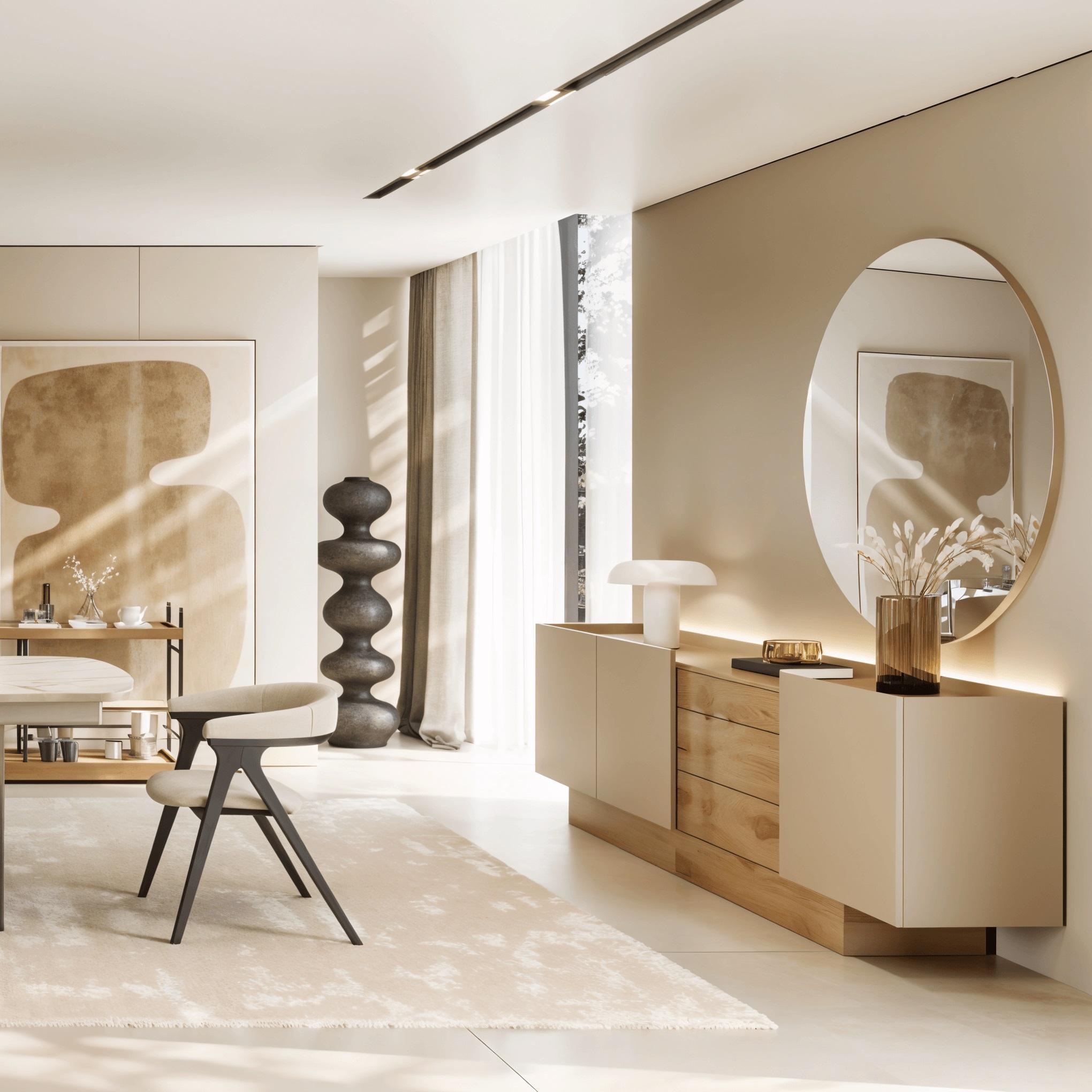 Modern Customizable Two-Tone Sideboard: High Gloss Greige Lacquer & Rich Eucalyptus For Sale