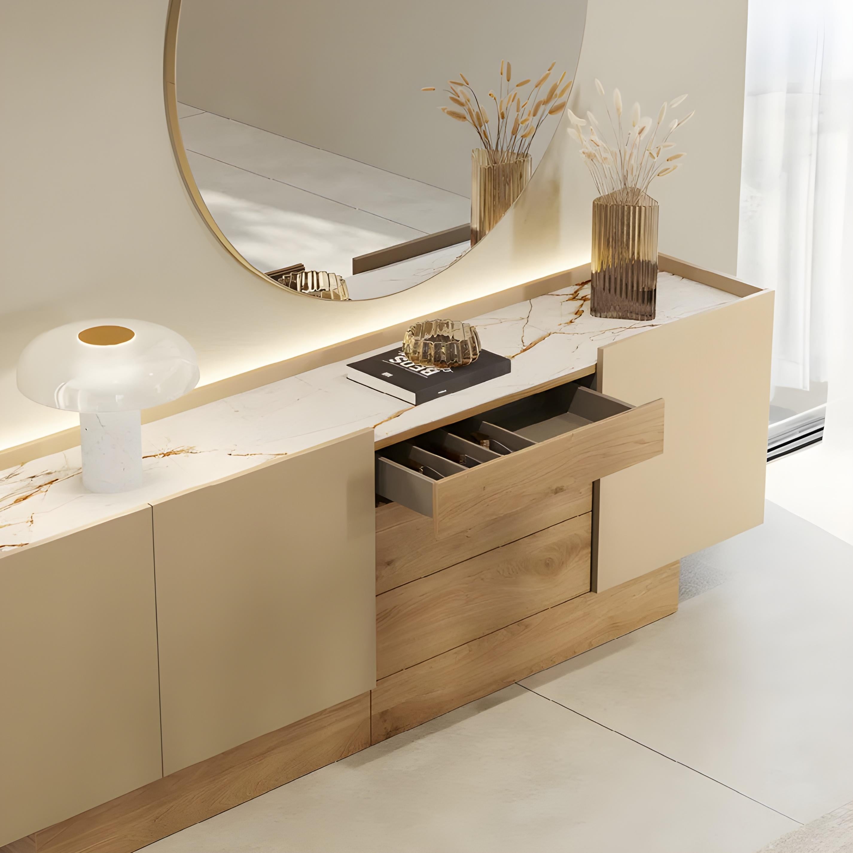 Portuguese Customizable Two-Tone Sideboard: High Gloss Greige Lacquer & Rich Eucalyptus For Sale