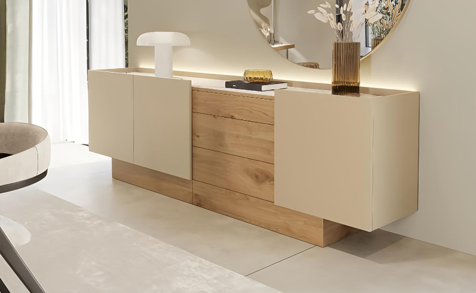 Hand-Crafted Customizable Two-Tone Sideboard: High Gloss Greige Lacquer & Rich Eucalyptus For Sale