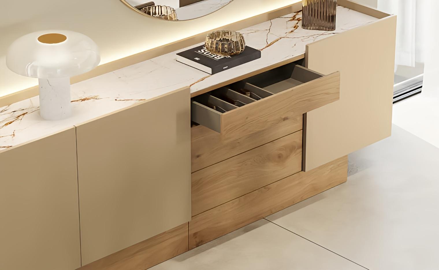 Customizable Two-Tone Sideboard: High Gloss Greige Lacquer & Rich Eucalyptus In New Condition For Sale In NEW YORK, NY