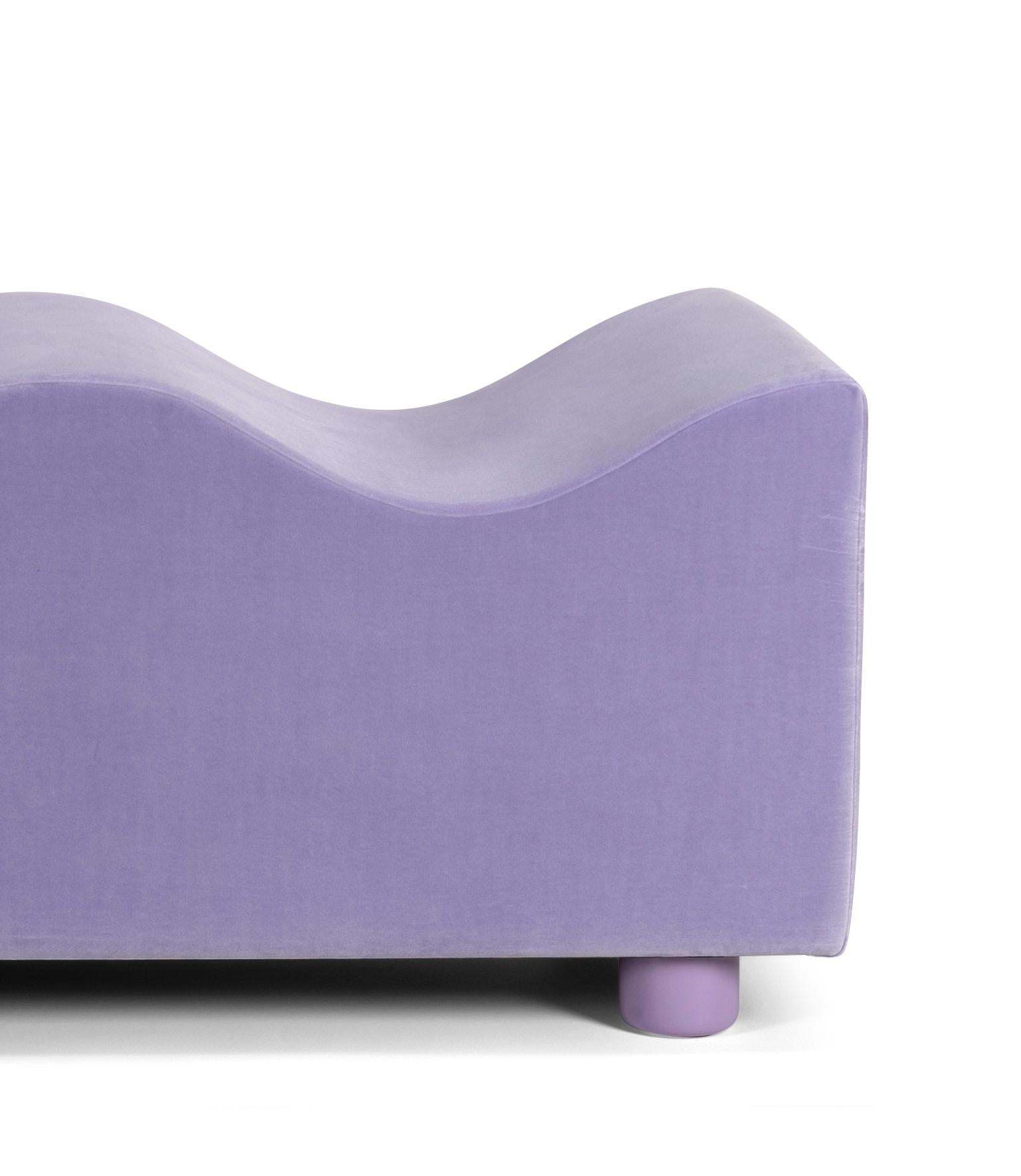 Modern Customizable Upholstered Wave Bench in Lavender Velour by Objects for Objects For Sale
