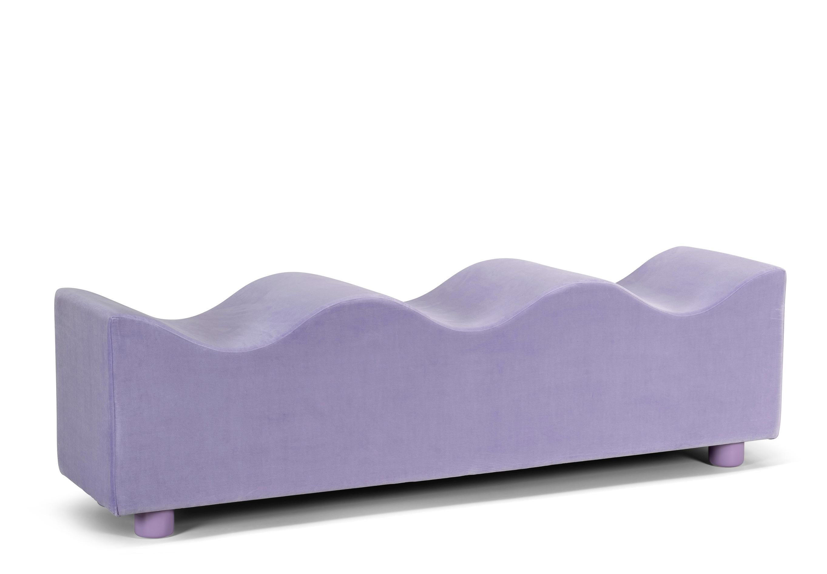 American Customizable Upholstered Wave Bench in Lavender Velour by Objects for Objects For Sale