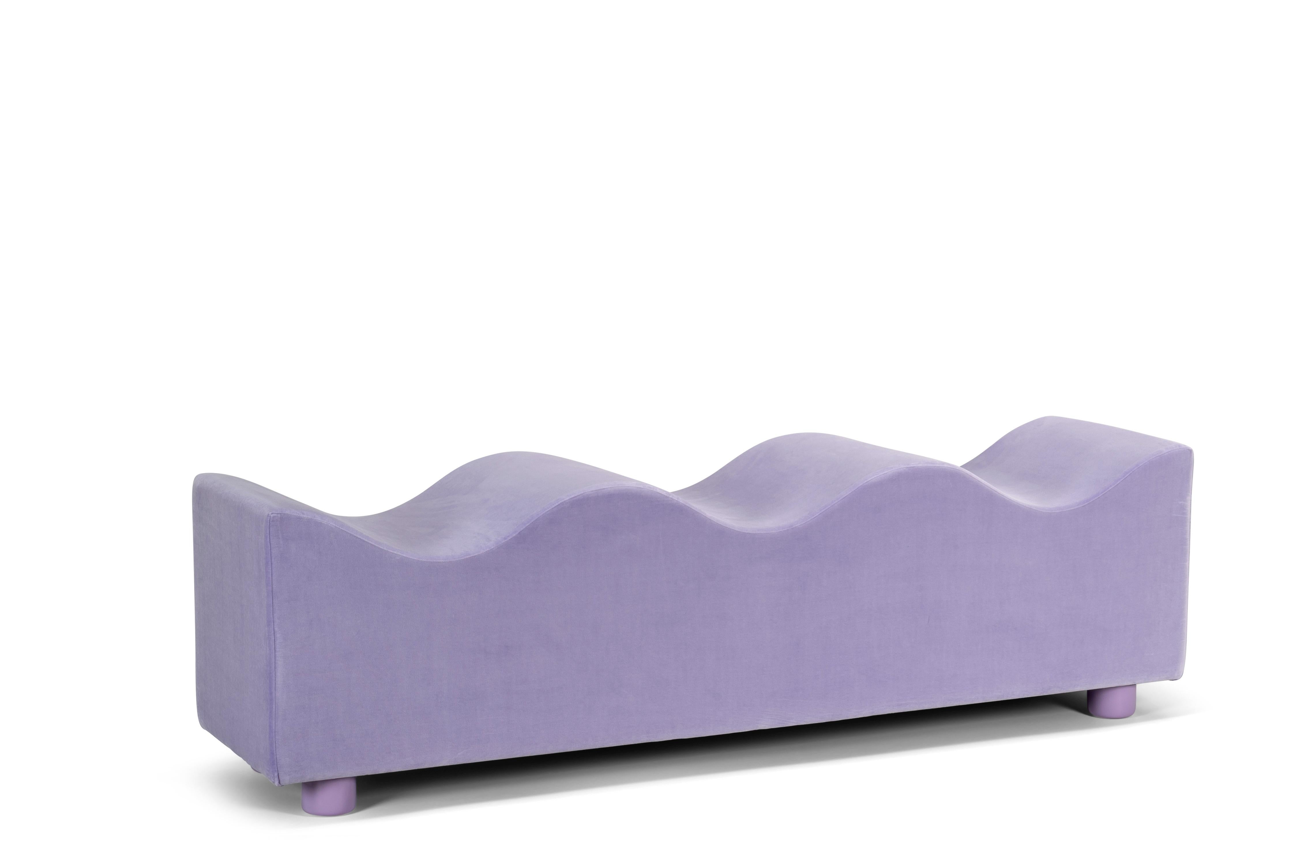 Contemporary Customizable Upholstered Wave Bench in Lavender Velour by Objects for Objects For Sale
