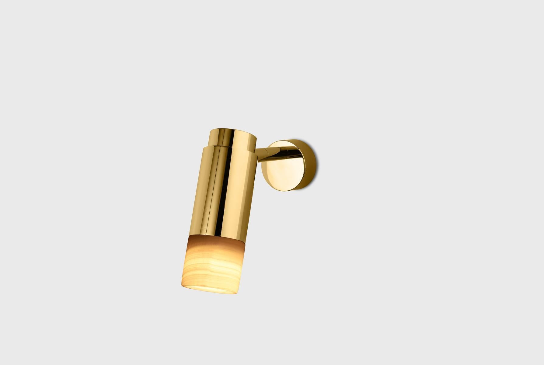 Customizable Wall Lamp 'Donya Pivot', Amber Cylinder Onyx, Polished Brass For Sale 7