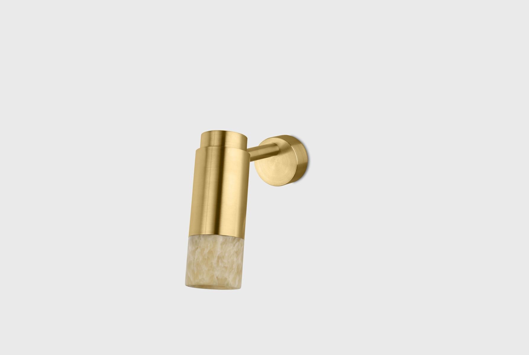 Customizable Wall Lamp 'Donya Pivot', White Cylinder Onyx, Brushed Brass For Sale 8