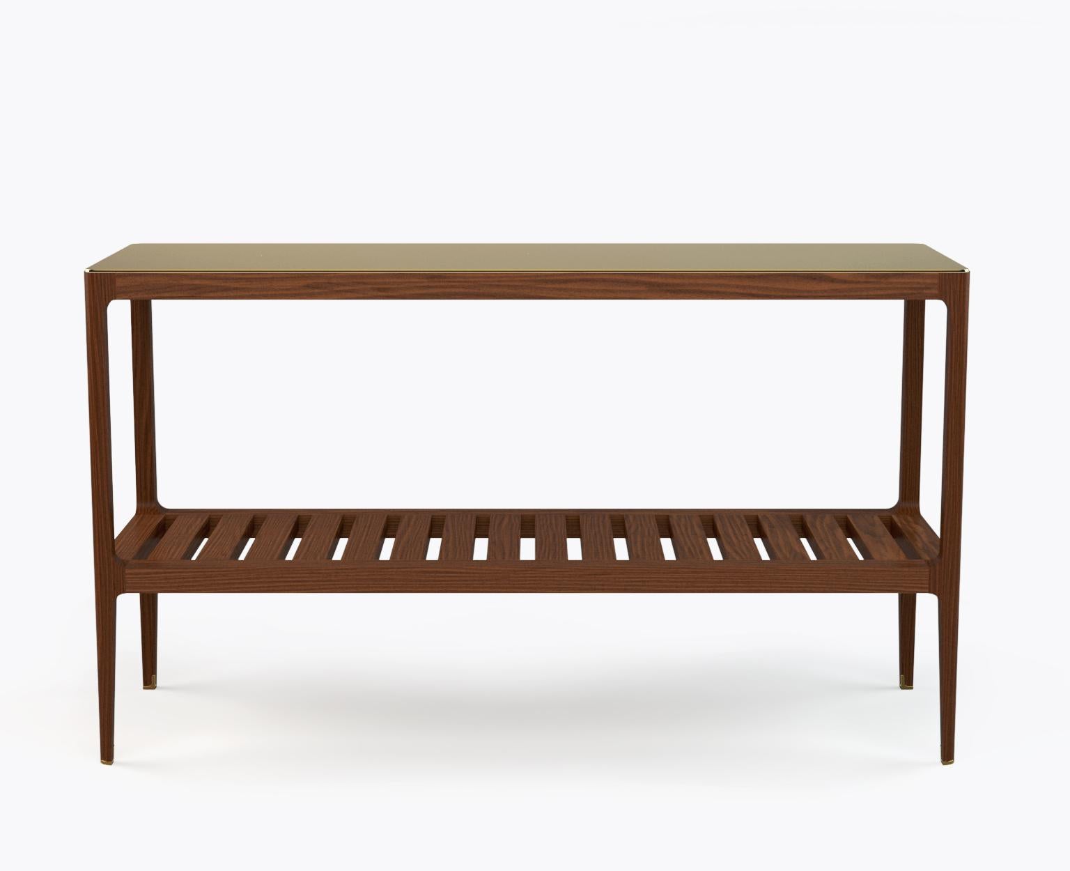 Modern Customizable Walnut Console Table with Blackened Brass Top by Munson Furniture For Sale